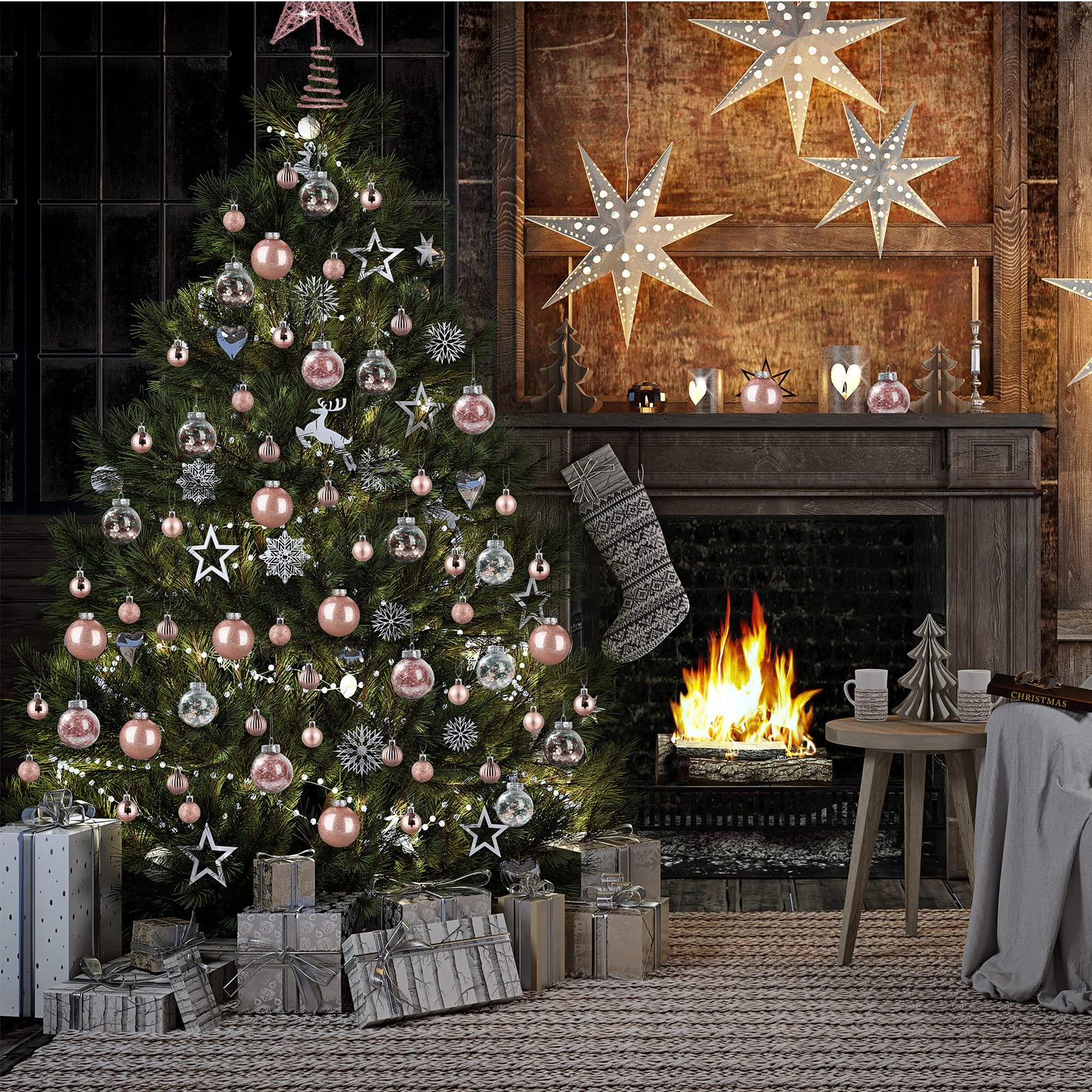 Juego de adornos de bolas de Navidad inastillables, bolas de árbol de plástico, bolas transparentes para árbol de cumpleaños, día festivo, decoración interior y exterior (oro rosa, 49 piezas)