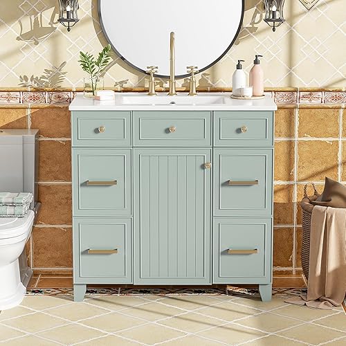 LUMISOL 36" Bathroom Vanity with Sink, Solid Wood Bathroom Vanity with 3 Drawers and Shaker Cabinet, Freestanding Bathroom Sink Cabinet with Ceramic Sink, Soft Closing, Green