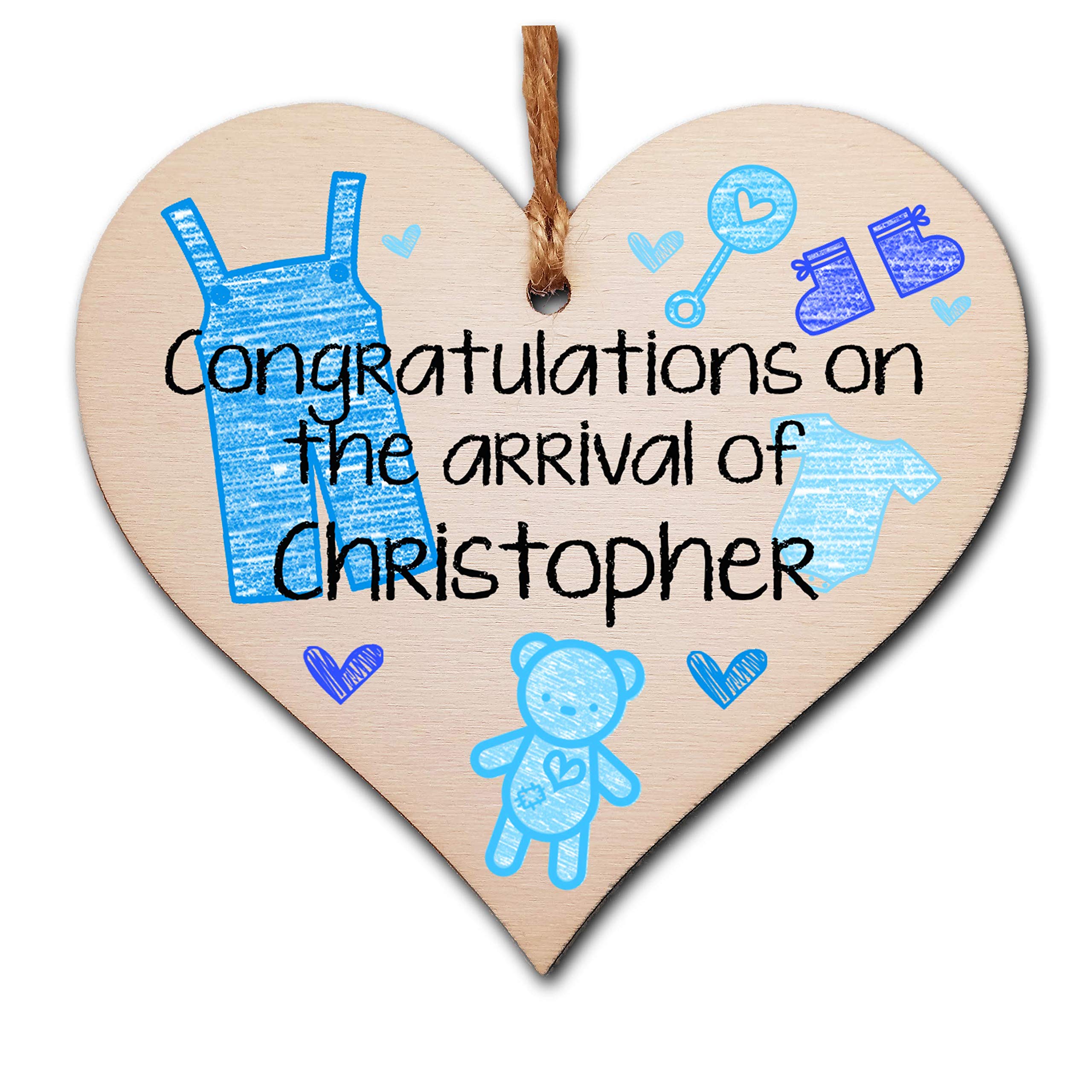Personalised Handmade Wooden Hanging Heart Plaque Gift Congratulations on the arrival of new baby new parents present blue nursery wall decoration crayon style-image-21