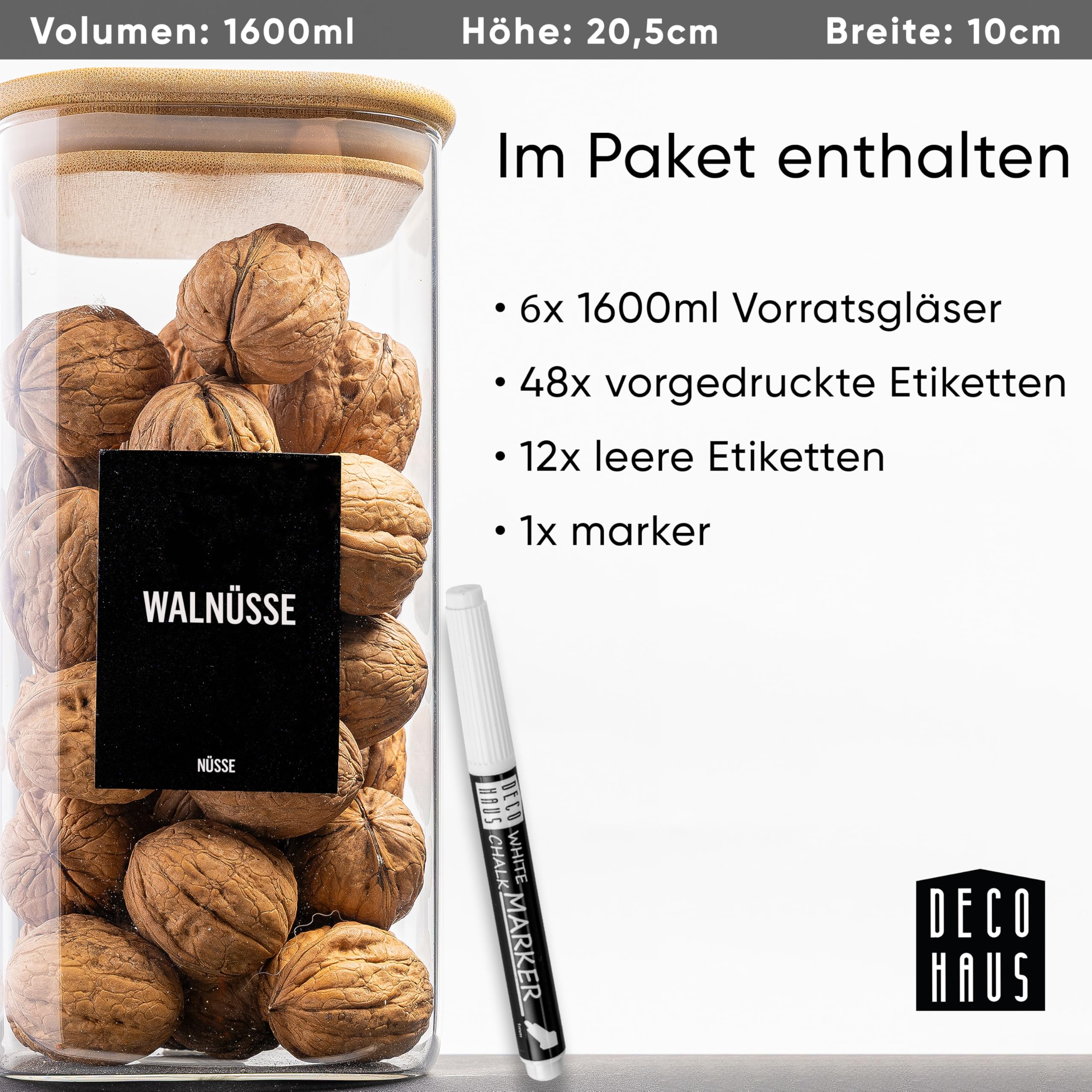 Deco haus® Vorratsgläser mit Deckel eckig 6er Set [+ETIKETTEN] - Vorratsdosen Glas mit Deckel luftdicht - Vorratsglas mit Holzdeckel - Müsli Aufbewahrungsgläser - Glasbehälter Vorratsbehälter