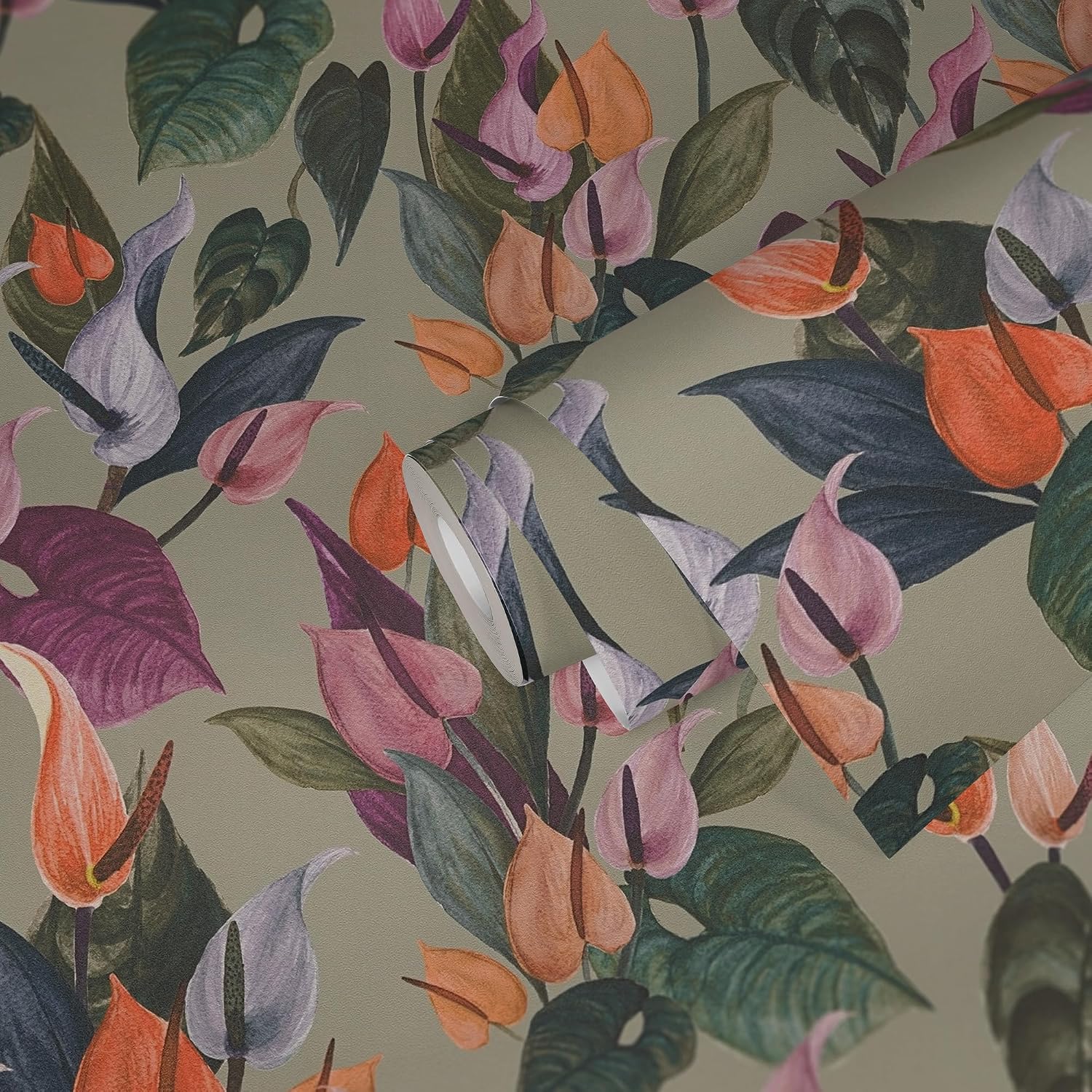 Livingwalls Anna D'Andrea 782102 Non-Woven Wallpaper Floral 10.05 m x 0.53 m - Grey, Green, Blue, Purple, Colourful - Wallpaper Leaves