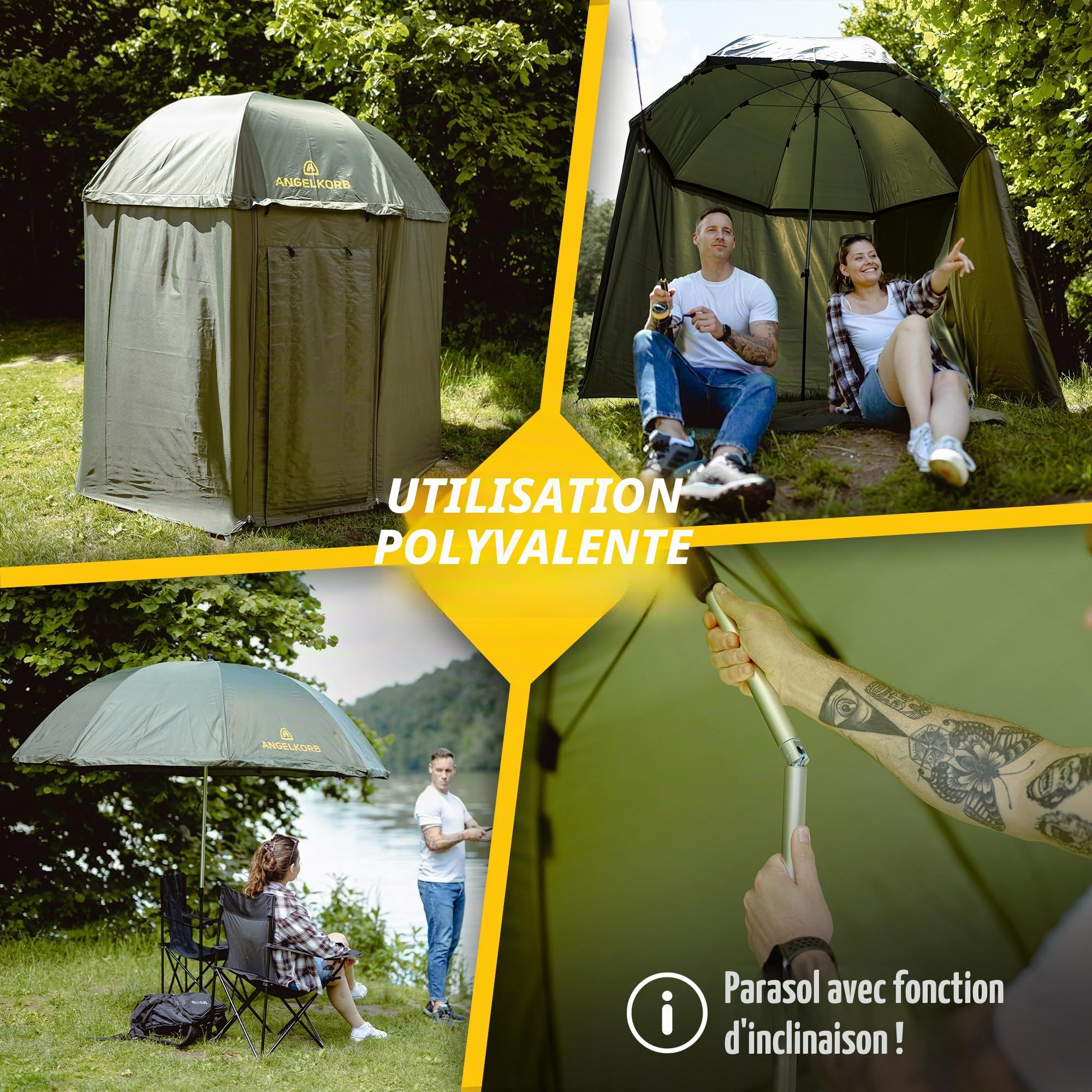 Parapluie de pêche avec paroi latérale de 2,50 m – Parapluie et tente de pêche, imperméable, protection anti-moustiques, inclinable à 45° – Tente de pêche pour le camping et l'extérieur