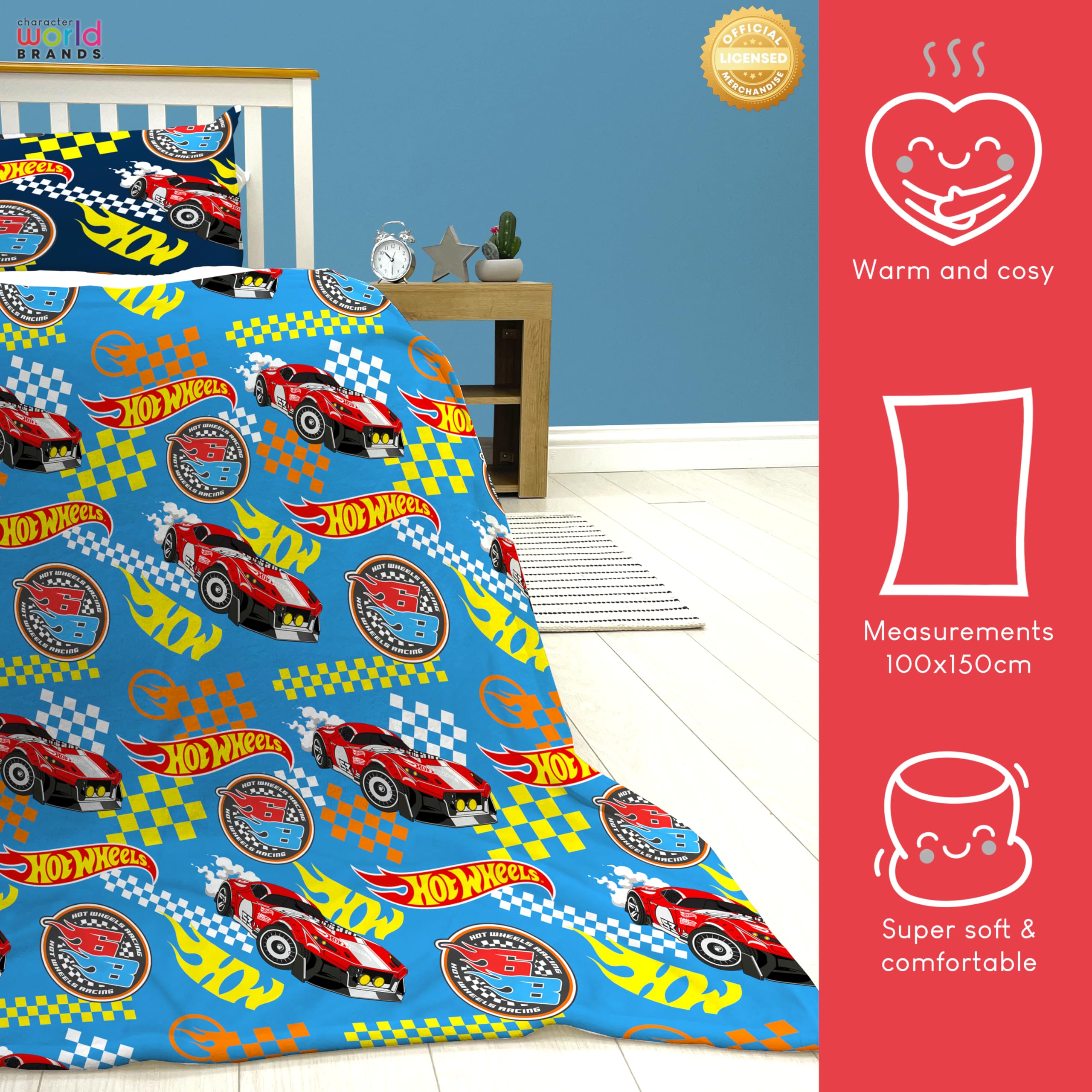 Character World Coperta ufficiale Hot Wheels in pile, super morbida e calda, motivo fiamma, perfetta per camera da letto, campeggio e pigiama party, 100 x 150 cm