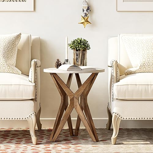 Miniatura 6 de LONYKE Pedestal Farmhouse - Mesa auxiliar envejecida con base de trípode para sala de estar, moderna, decoración bohemia, redonda (1 paquete, blanco