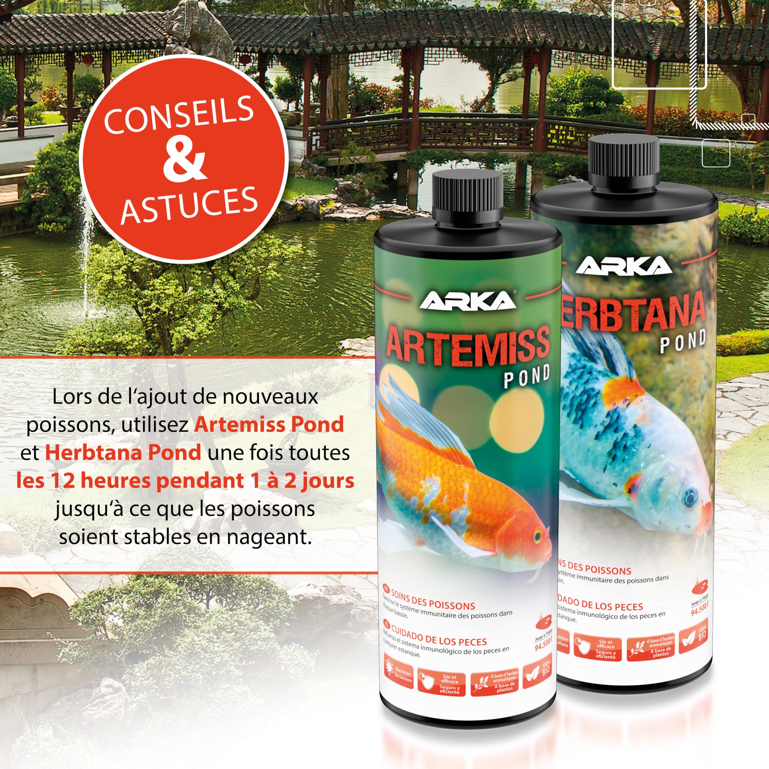 Soin pour Poissons de Bassin 946 ML - Artemiss Immunité et Vitalité | booster aux herbes, favorise bien-être, immunité et vitalité, réduit le stress, poissons, bassin de jardin, bassin à koïs