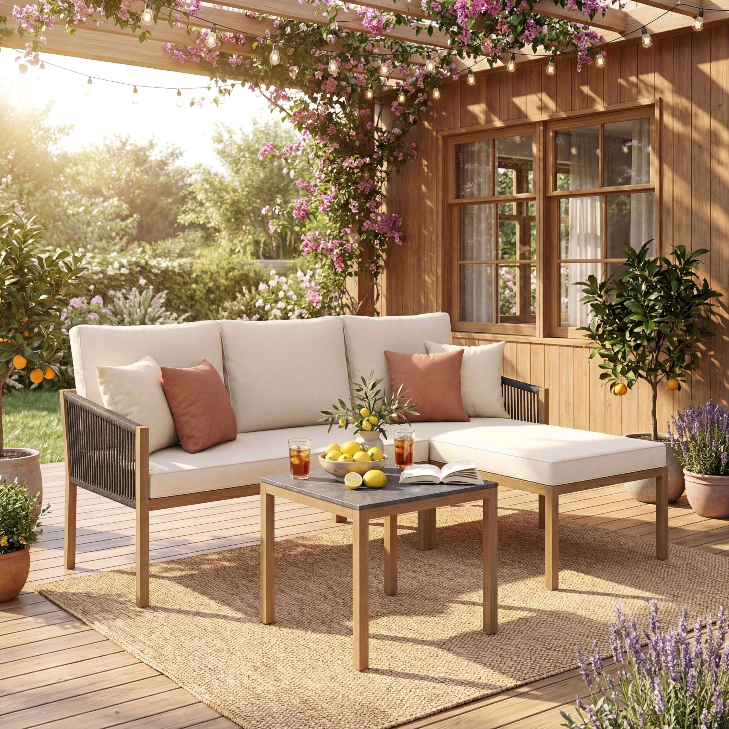 GIANTEX Conjunto de Muebles de Jardín de 3 Piezas, Set de Sofá de 2 Plazas, Tumbona y Mesa Cuadrada con Cojines de Fundas Desmontables, Marco de Metal, Tablero Efecto Mármol, para Terraza, Patio