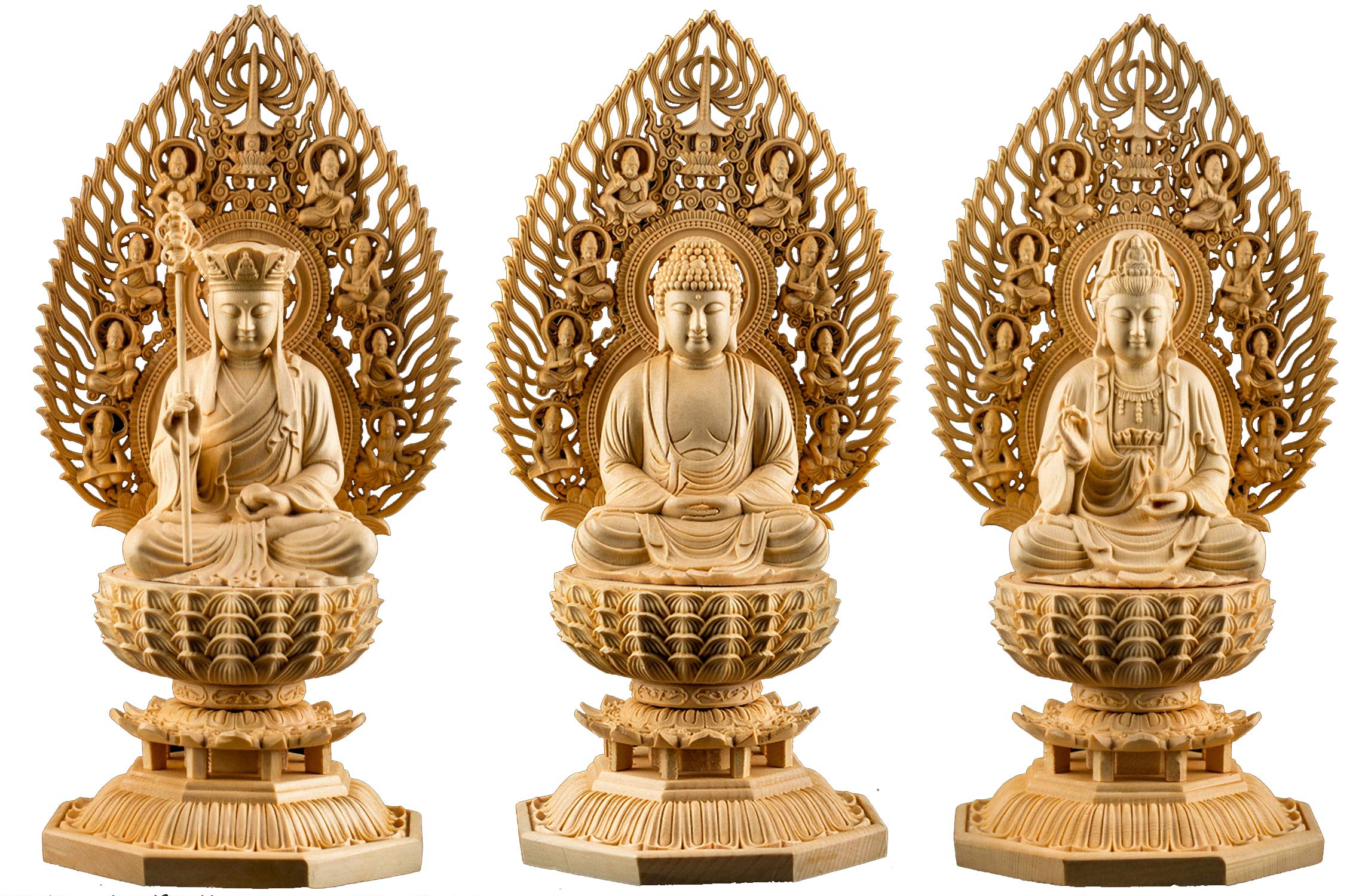 11" Natural Boxwood Carved Ksitigarbha &Shakyamuni &Kwan-yin Statue Sets