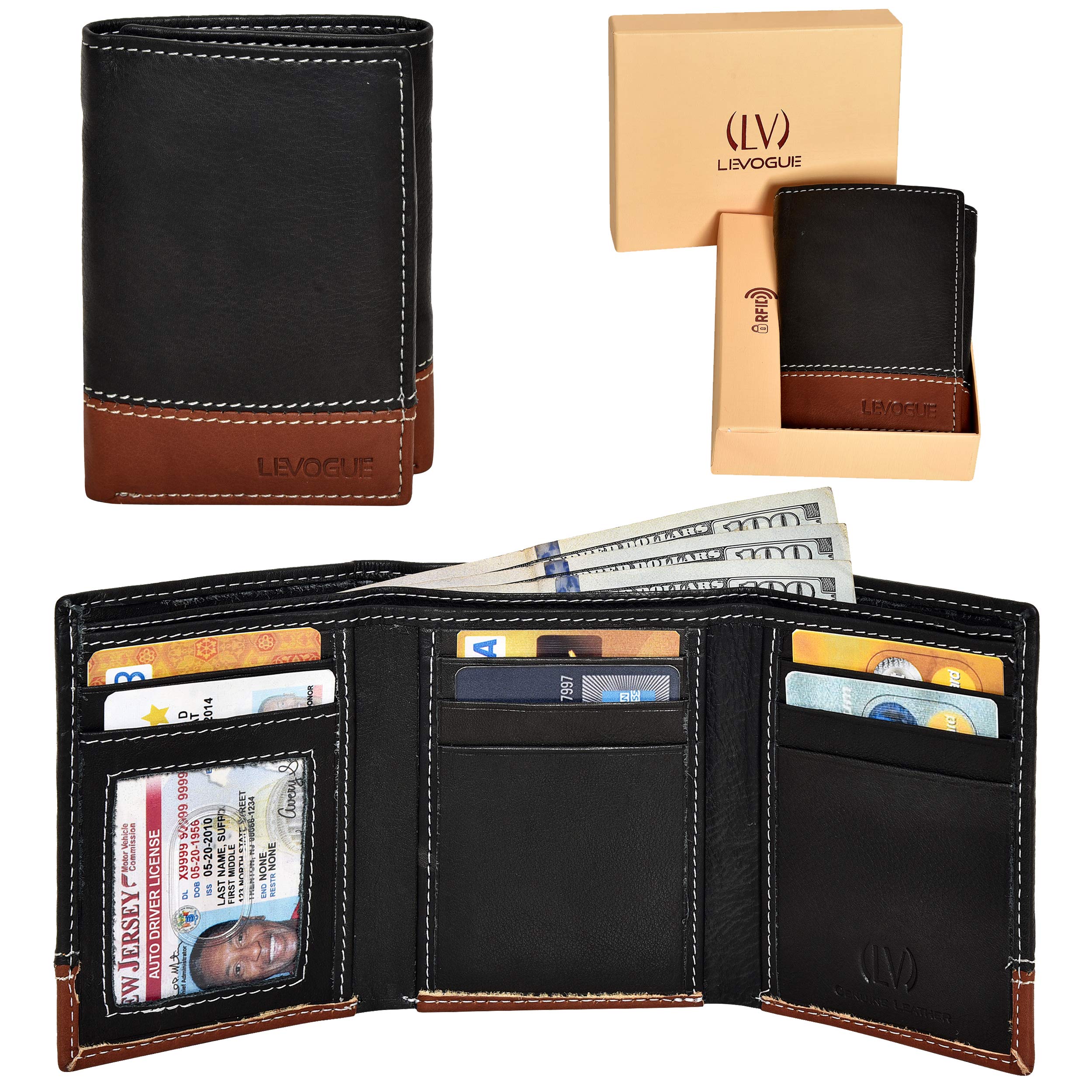 LEVOGUE Genuine Leather RFID Blocking Slim Trifold Wallet for Men with 7 Cards+1 ID Window+2 Note Compartments