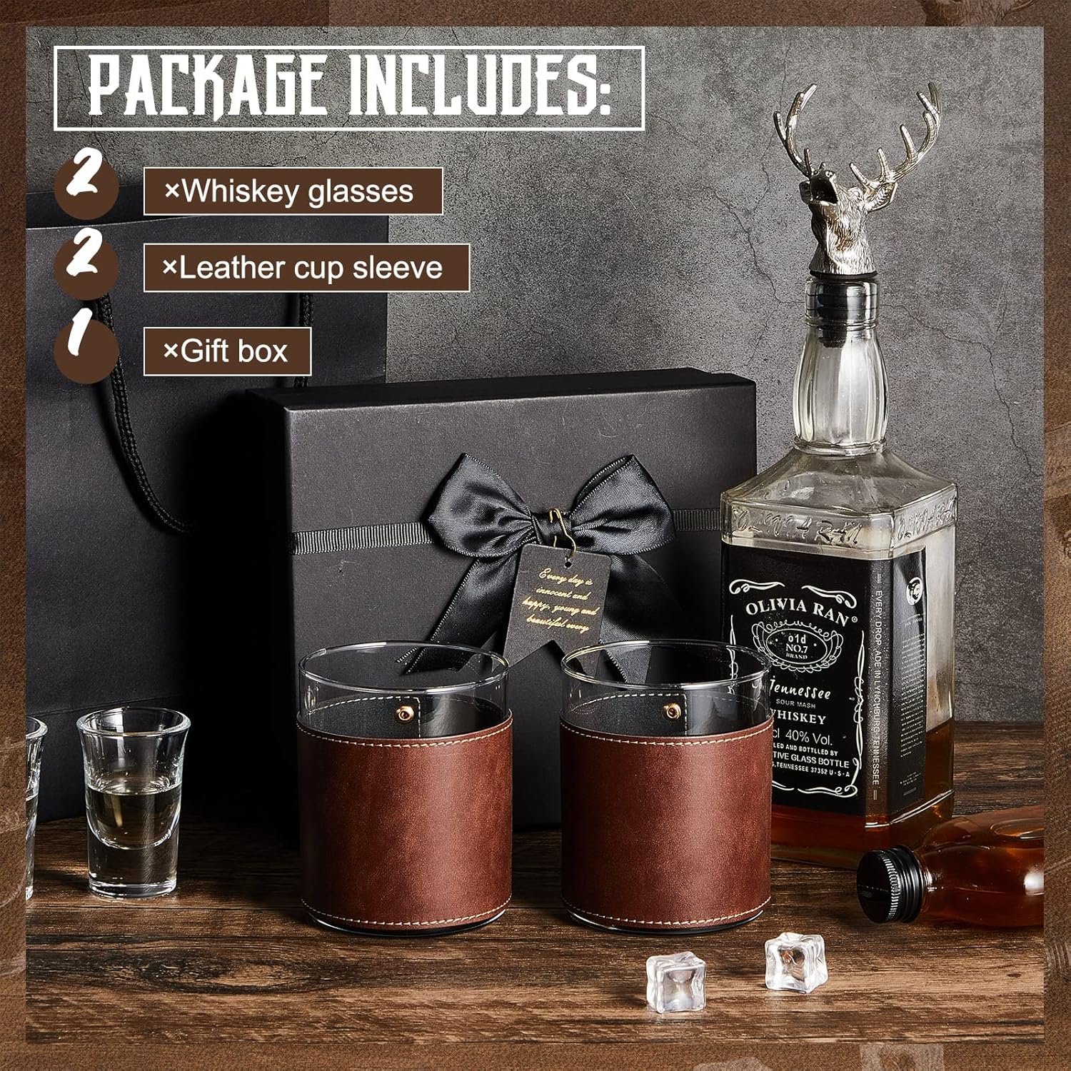 2 Sets Size 11.5 oz Leather Rocks Glasses 11.5 oz Leather Wrapped Whiskey Glasses with Gift Box Glass Sleeve Bourbon Glass Gift for Men Father (Brown)
