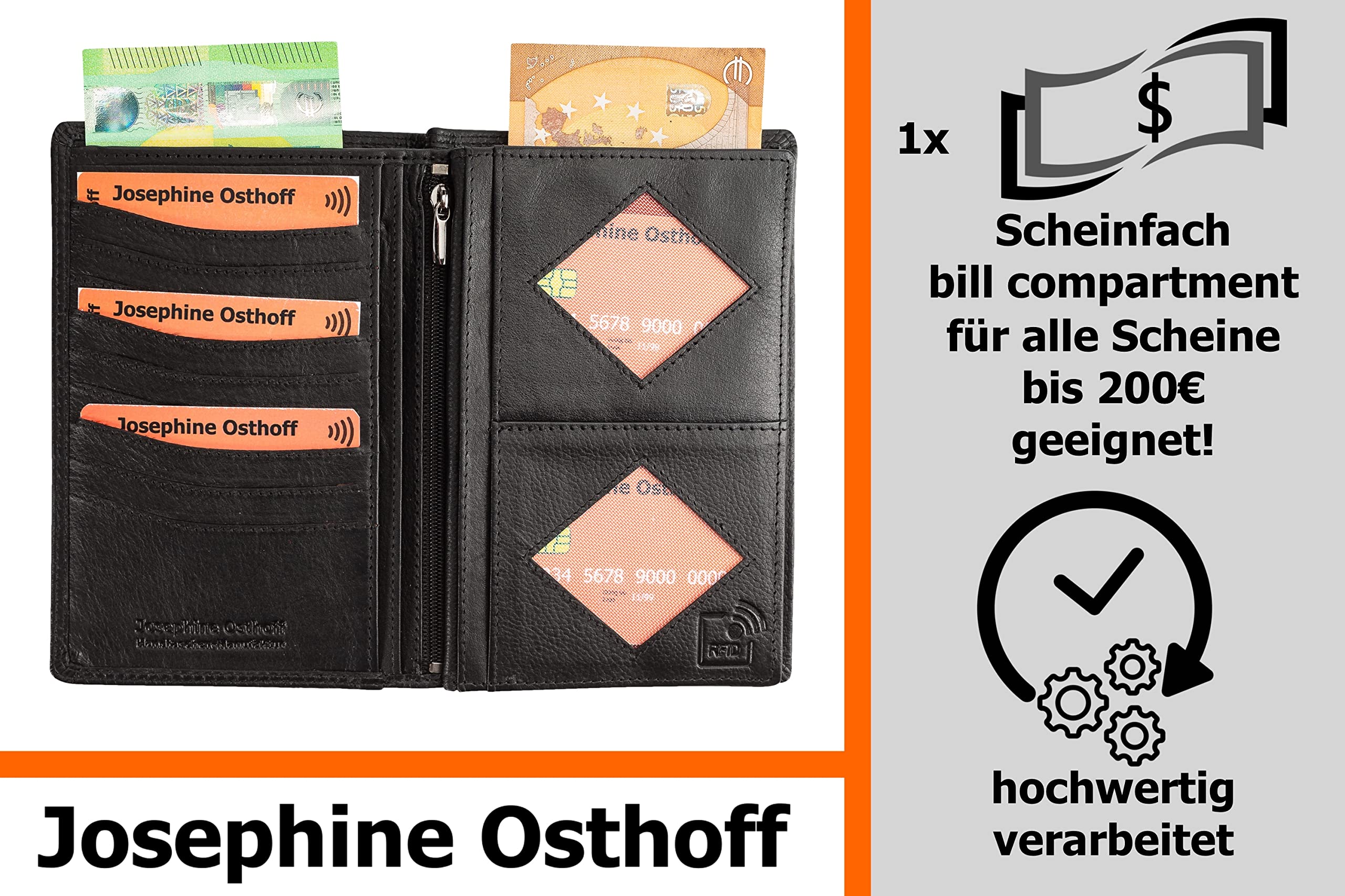 Josephine Osthoff Smukły Skórzany Portfel – Etui na Karty z Blokadą RFID ze Skóry Naturalnej Premium, Przegroda na Paszport i Dokumenty, dla Kobiet i Mężczyzn, Uniseks, Czarny