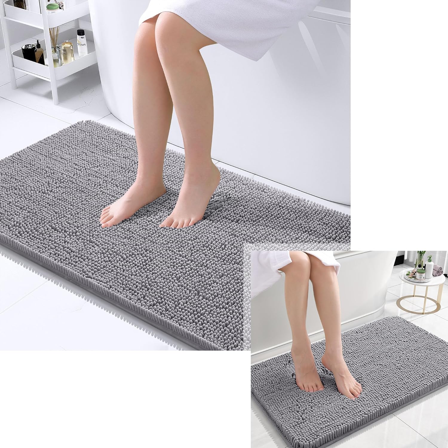 OLANLY Chenille Bathroom Rugs, Bath Rug Size 44x24+24x16 in Grey, 2 Item Bundle
