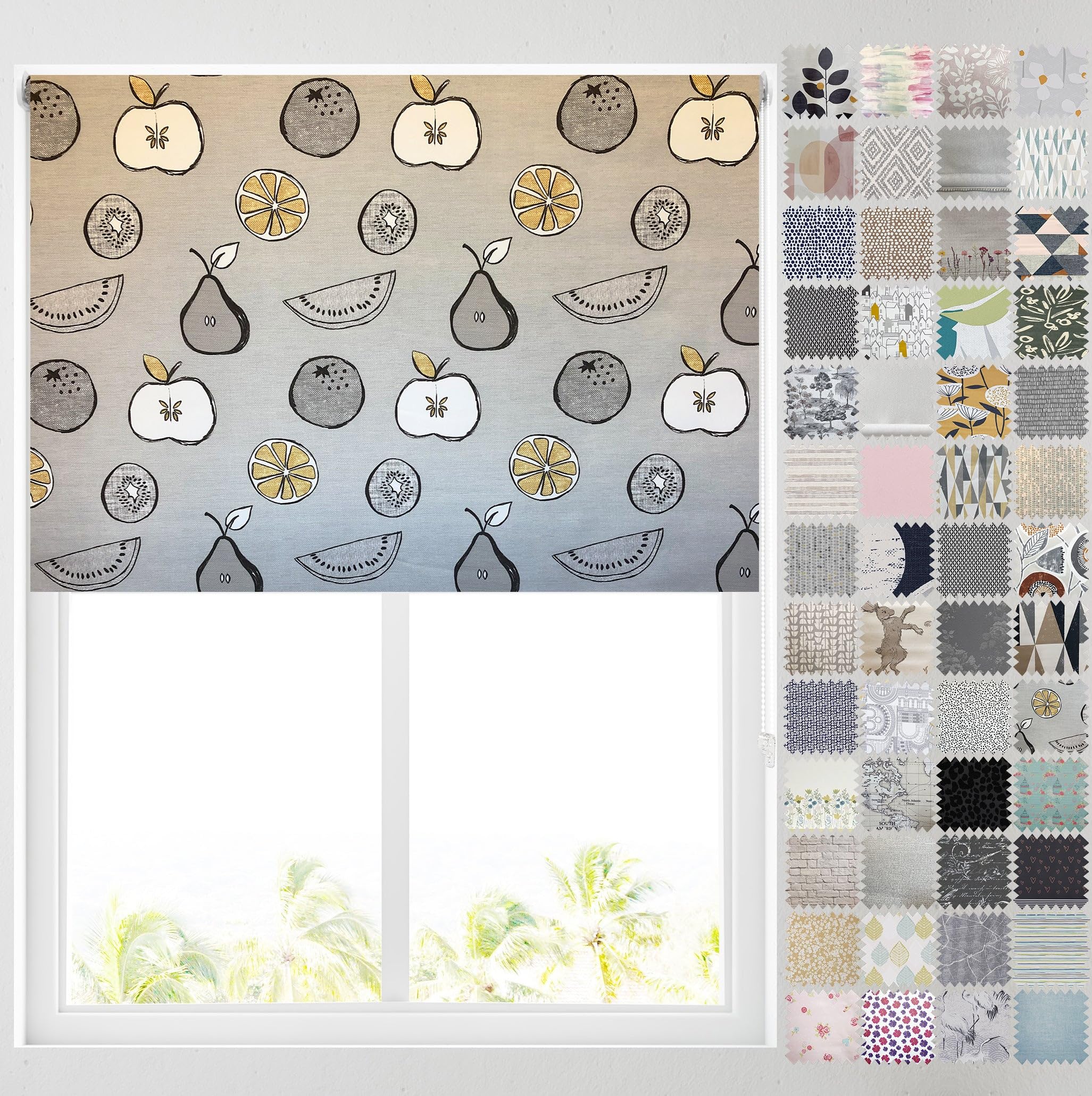 Barnes Blinds And Interiors Grey Ochre Fruits Barnes Blinds - Blackout Pattern Roller Blinds For Windows, Custom Cut To Size - Thermal Fabric Durable Fittings Easy Fit ( 61Cm)