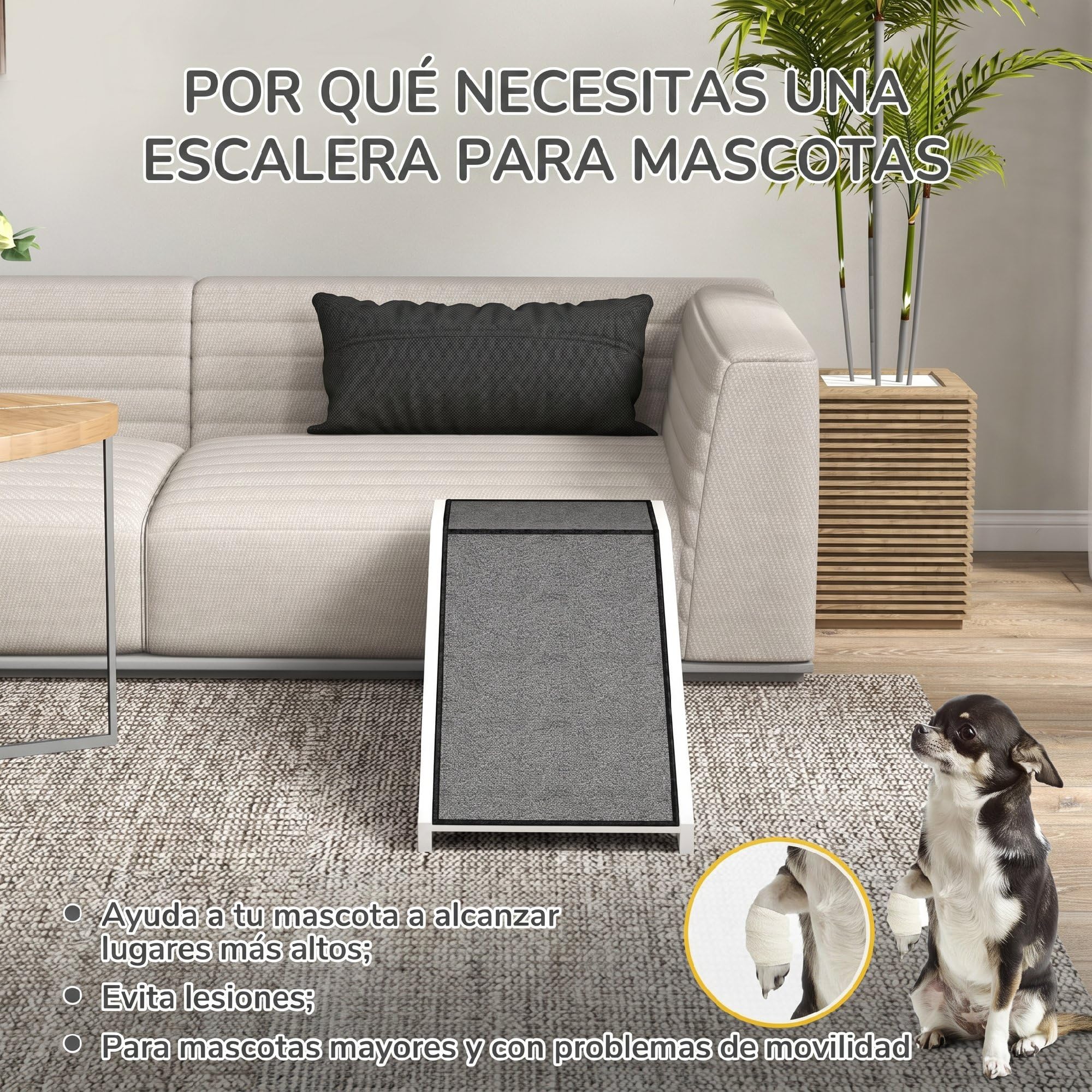 PawHut Rampa Perros de Madera para Cama/Sofá 125x40x35,5 cm Blanco y Gris | Rampa para Mascotas, Alfombra Antideslizante, para Perros Pequeños Medianos y Grandes, 125x40x35,5 cm