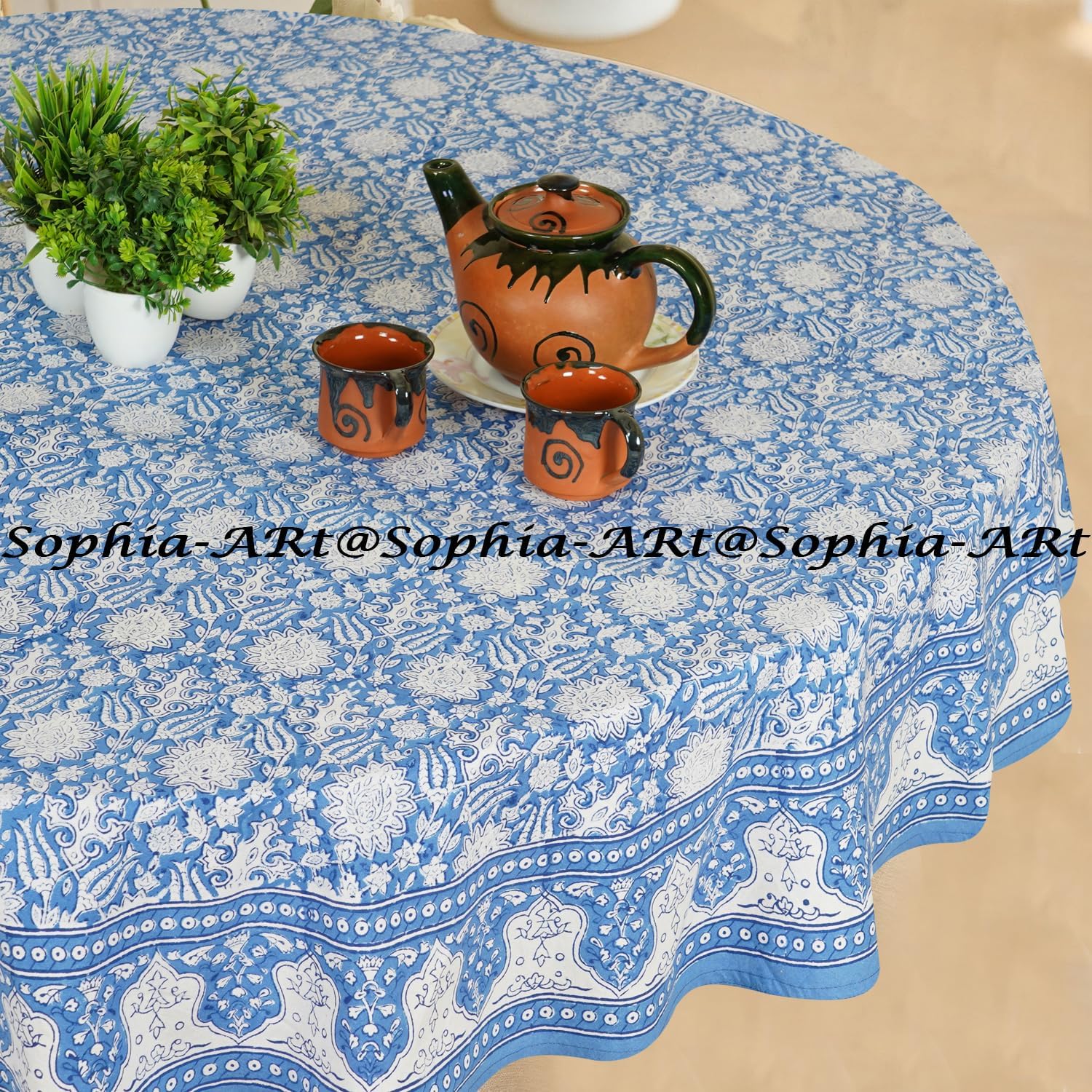 Sophia-Art Round 90" 6 Seater Outdoor Cotton Hand Block Printed Tablecloth for Patio Camping Holiday Party Washable Indoor Kitchen Table Cover (11-Flower Pattern)