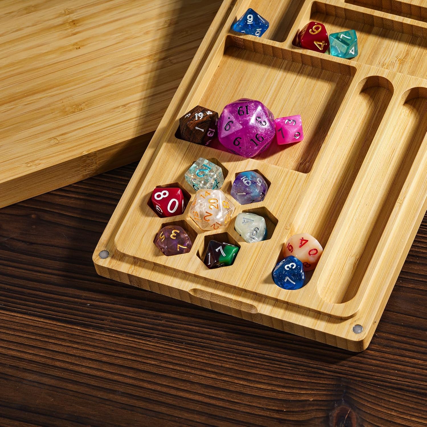 DND dice Tray 2 in 1,Bamboo Dice Box with Magnetic Lid - D&D Dice Case, Dice Tray Combined into One for RPG, Tabletop Games | Holds Multiple Sets of polyhedral dice