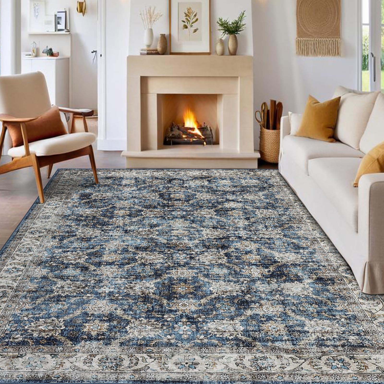 Tapis Salon Vintage Persan Lavable, Polyester Doux Ras (350 g/M²), Antidérapant TPR, Pliable, Chambre/Couloir/Cuisine
