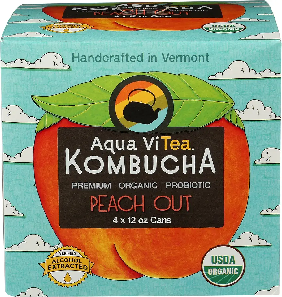 Aqua Vitea Organic Peach Out Kombucha 4 Pack, 12 Oz USDA Organic