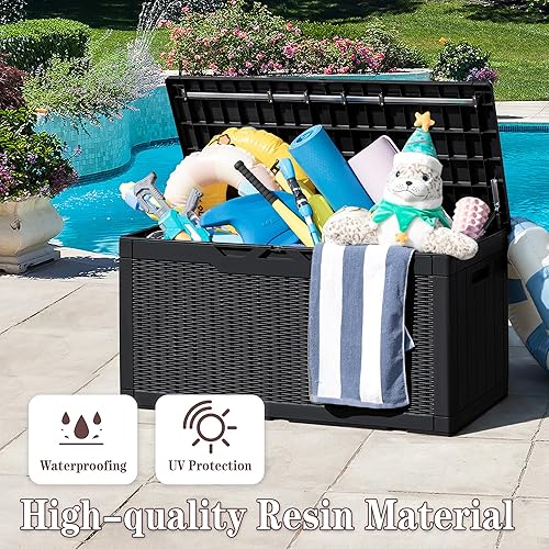 Miniatura 6 de Greesum Caja de resina de 100 galones, cajas de almacenamiento grandes para exteriores con cojines para herramientas de jardín, almohadas para