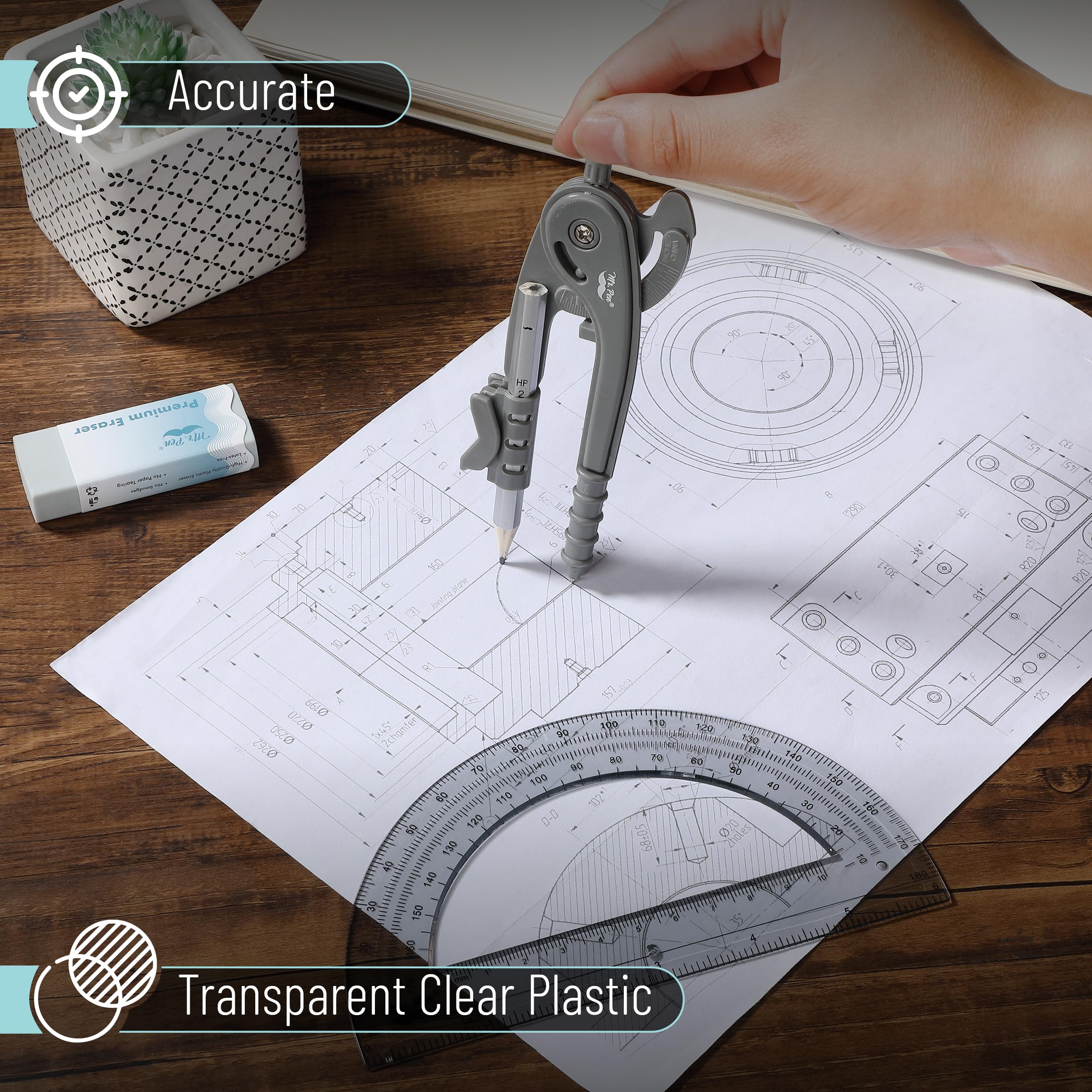 Mr. Pen- Compass and Protractor Set, Shuttle Grey, Compass Geometry Tool, Protractor and Compass Set, Compass Drawing Tool - Image 4