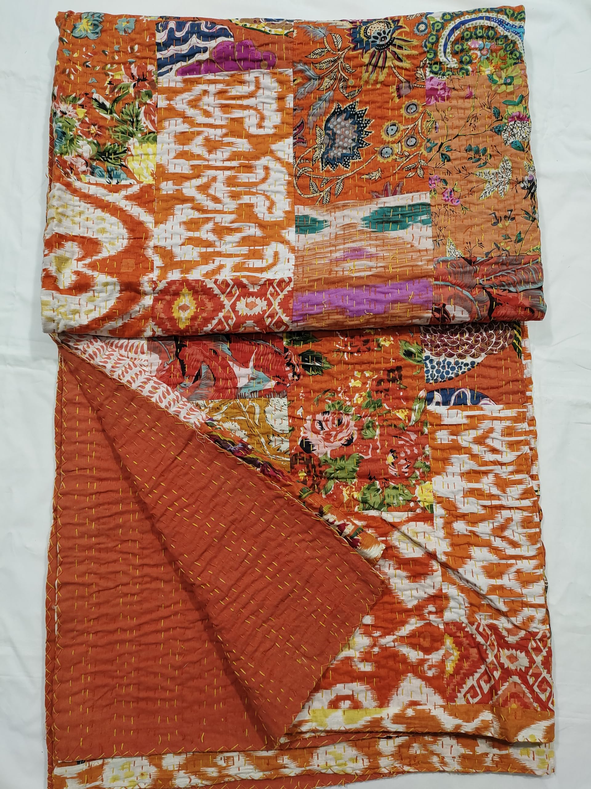 Couvre-lit Indien Orange Brodé Main 230x275cm - 100% Coton
