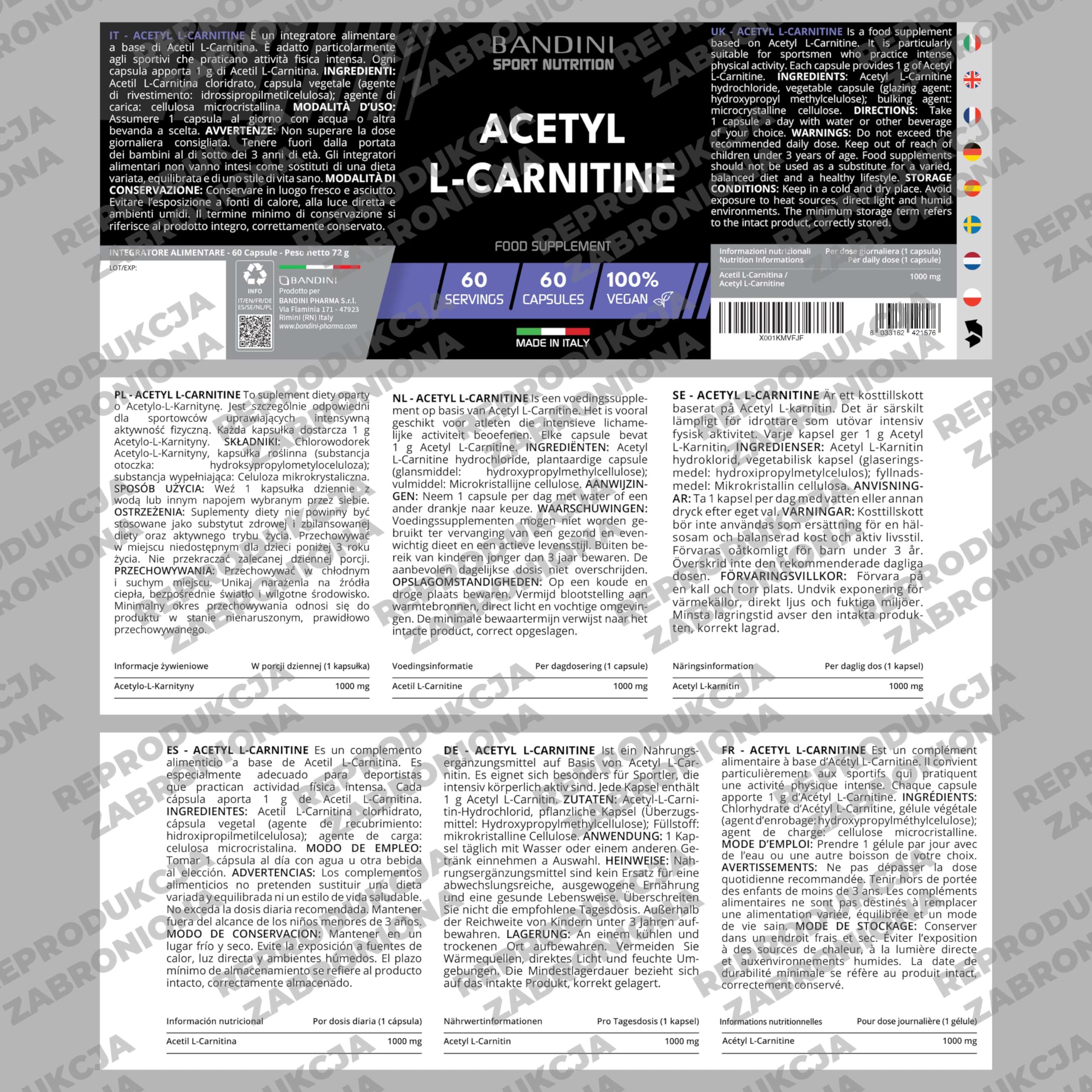 Bandini® Acetyl L-Karnityna 1000 mg – Wysoka Dawka (60 Kapsułek) Acetyl L-karnityna dla osób o wysokiej aktywności fizycznej. Produkt wegański, bez GMO, wspierający energię i regenerację.