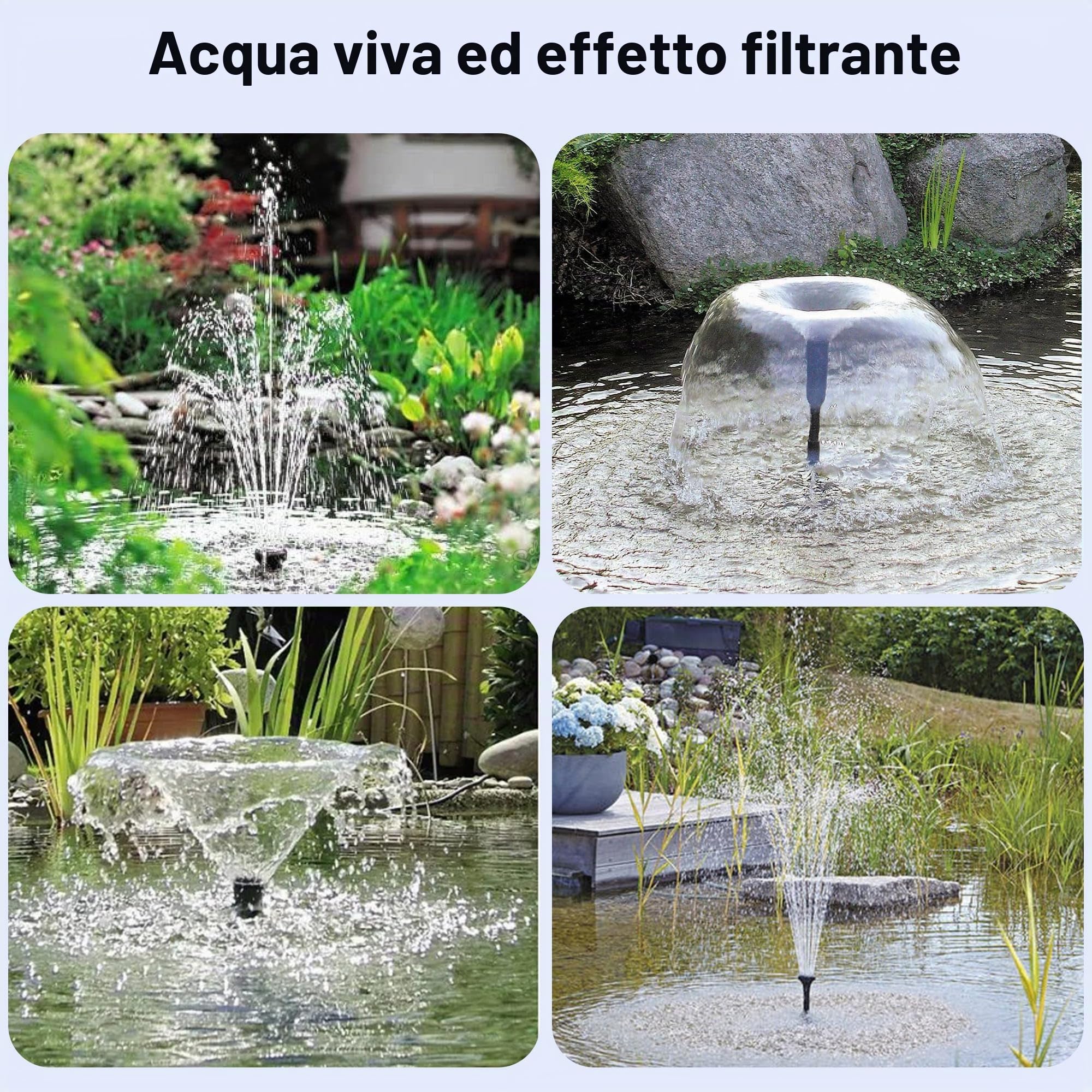 Biling Filtro solare per laghetto con pompa, 605 l/h, pompa solare con tubo, 4 ugelli da 5 m, cavo fai da te, fontana solare per laghetti esterni, serbatoio di pesce, cascata, soluzione pulita per