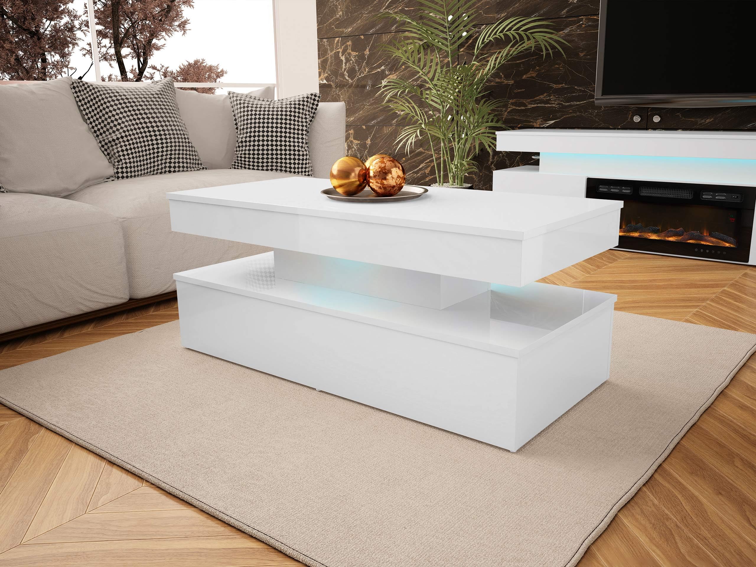 Mirjan24 Couchtisch Serkuzo 120 mit Blauer LED (Weiß Hochglanz) | Moderner Sofatisch mit Ablagefach und Antirutschfüßen, B/H/T: 120/50/55 cm