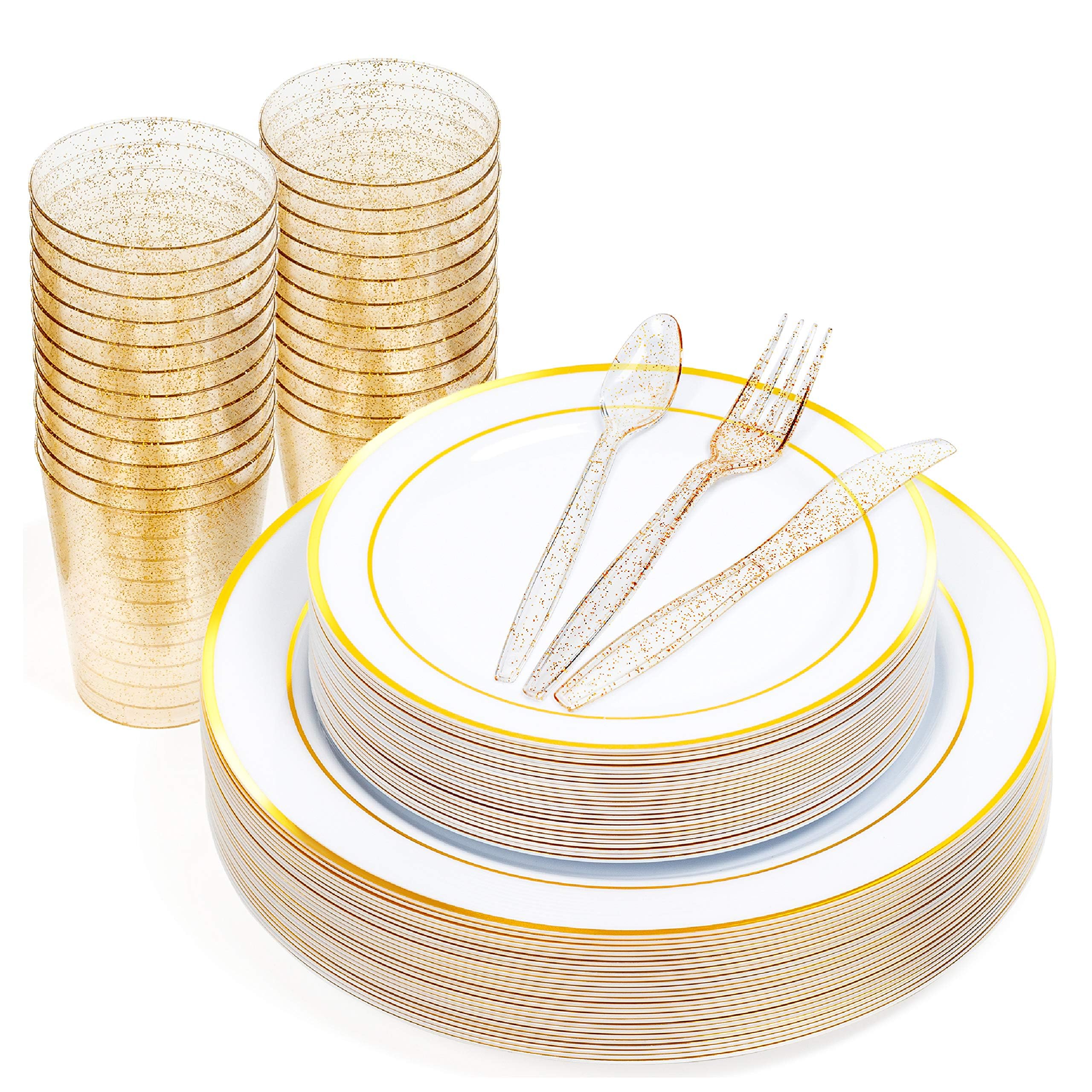 MATANA 300 Pcs Reusable White & Gold Plastic Dinnerware Set for 50 Guests - Dinner Plates, Dessert Plates, 10oz Gold Glitter Cups & Reusable Cutlery for Weddings, Birthdays & Parties