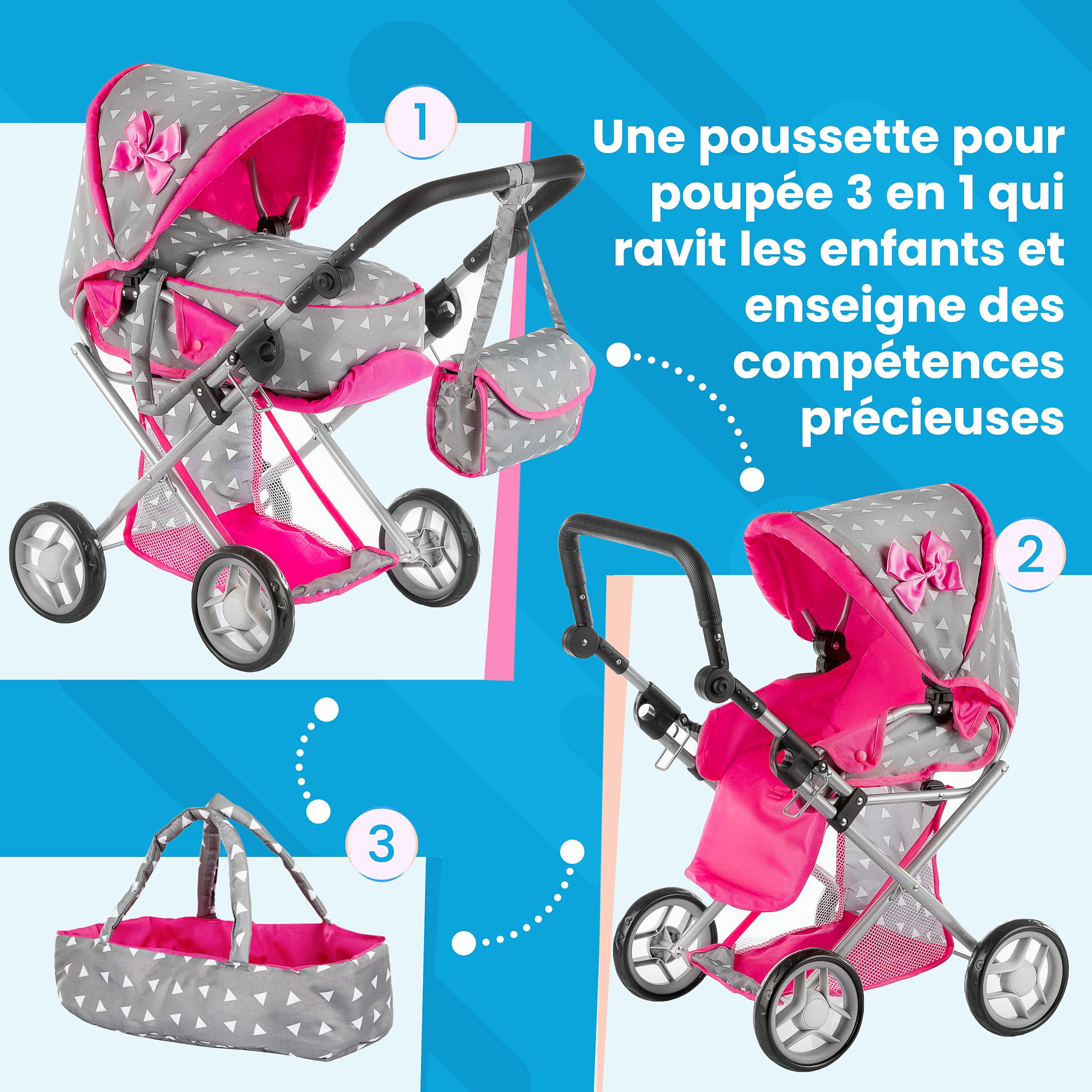 Kinderplay Poussette Poupee, Poussette Jouet - Poignée de la Poussette Entre 36.5 et 64 cm, avec Prise Souple, 3en1, KP0200S