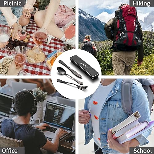 Miniatura 5 de Juego de cubiertos de viaje con estuche, juego de cubiertos portátiles, 4 piezas de acero inoxidable reutilizables, juego de cubiertos para camping,