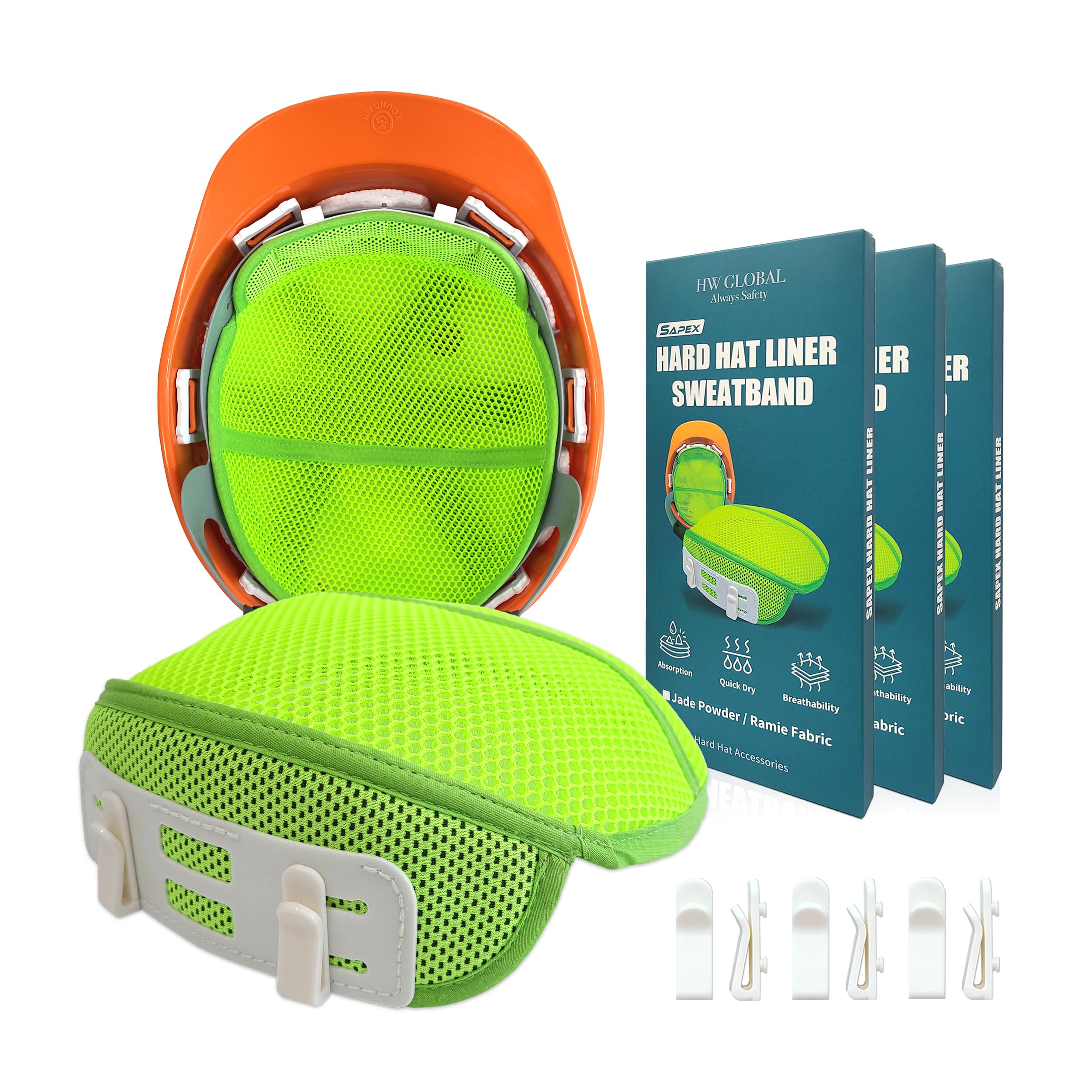3 Pack HW GLOBAL Hard Hat Insert Sweatband Liner – Helmet Liners (Adjustable Clips) (Linen Cooling) (Extra Clips) (Quick Clip-On) – Reusable Washable Hardhat Sweatband Accessories Sweat Bands for Men