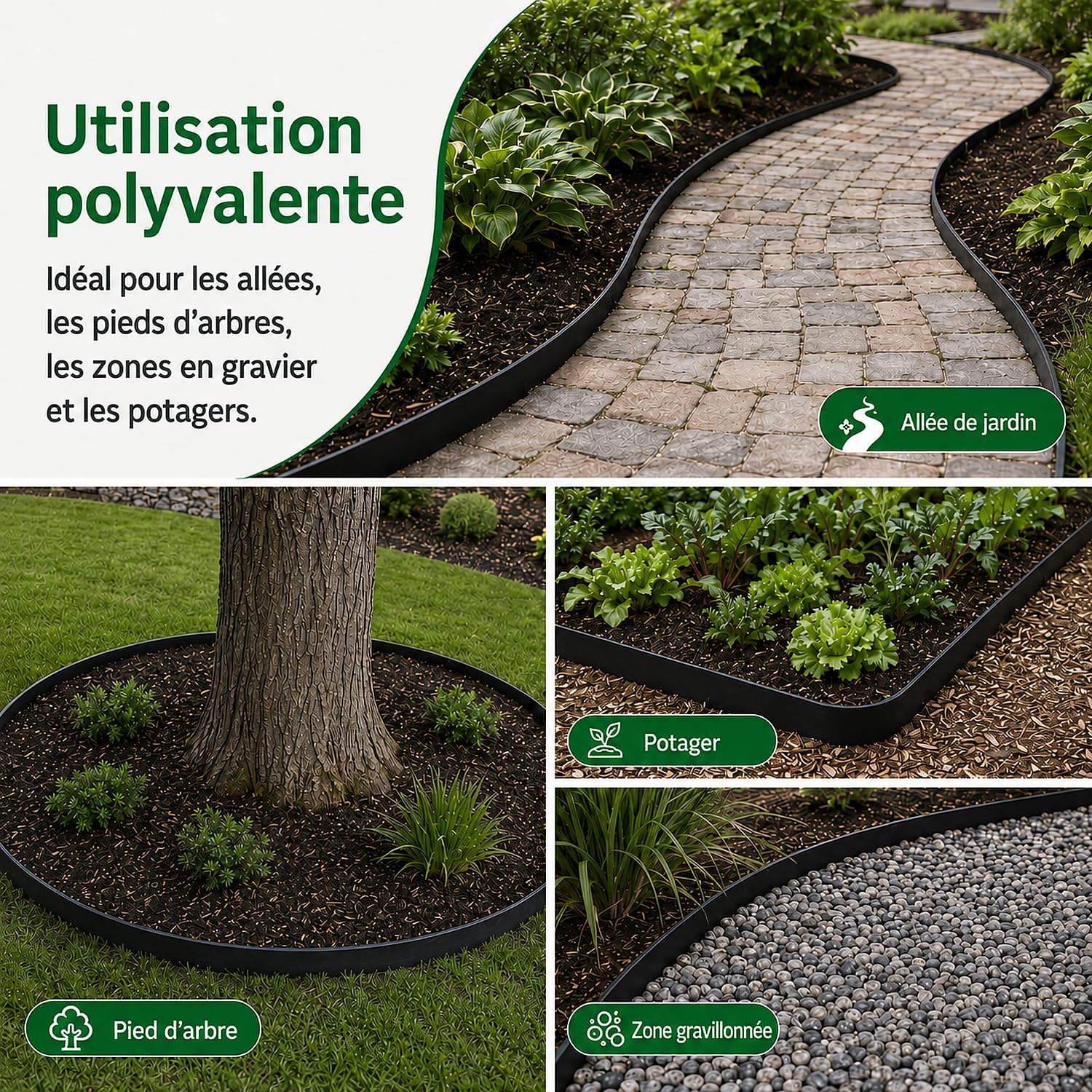Bordure de Jardin 20 m x 5 cm, Bordure de Pelouse Flexible en PE avec 60 Piquets, Bordure à Planter sans Creuser, Découpable, pour Massifs, Allées, Gravier et Jardin