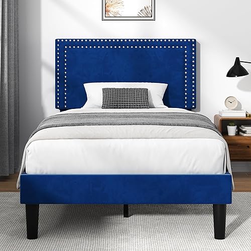 Miniatura 252 de VECELO Base de cama de tamaño matrimonial con cabecera tapizada ajustable, plataforma de listones de madera, diseño sin ruido, fácil montaje Negro
