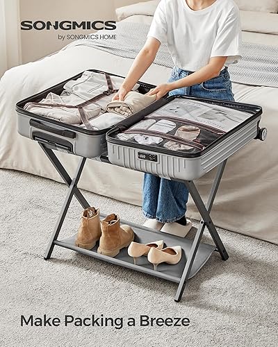 Miniatura 2 de SONGMICS Portaequipajes para habitación de invitados, juego de 2, soporte para maleta con estante de almacenamiento, marco de acero, plegables para