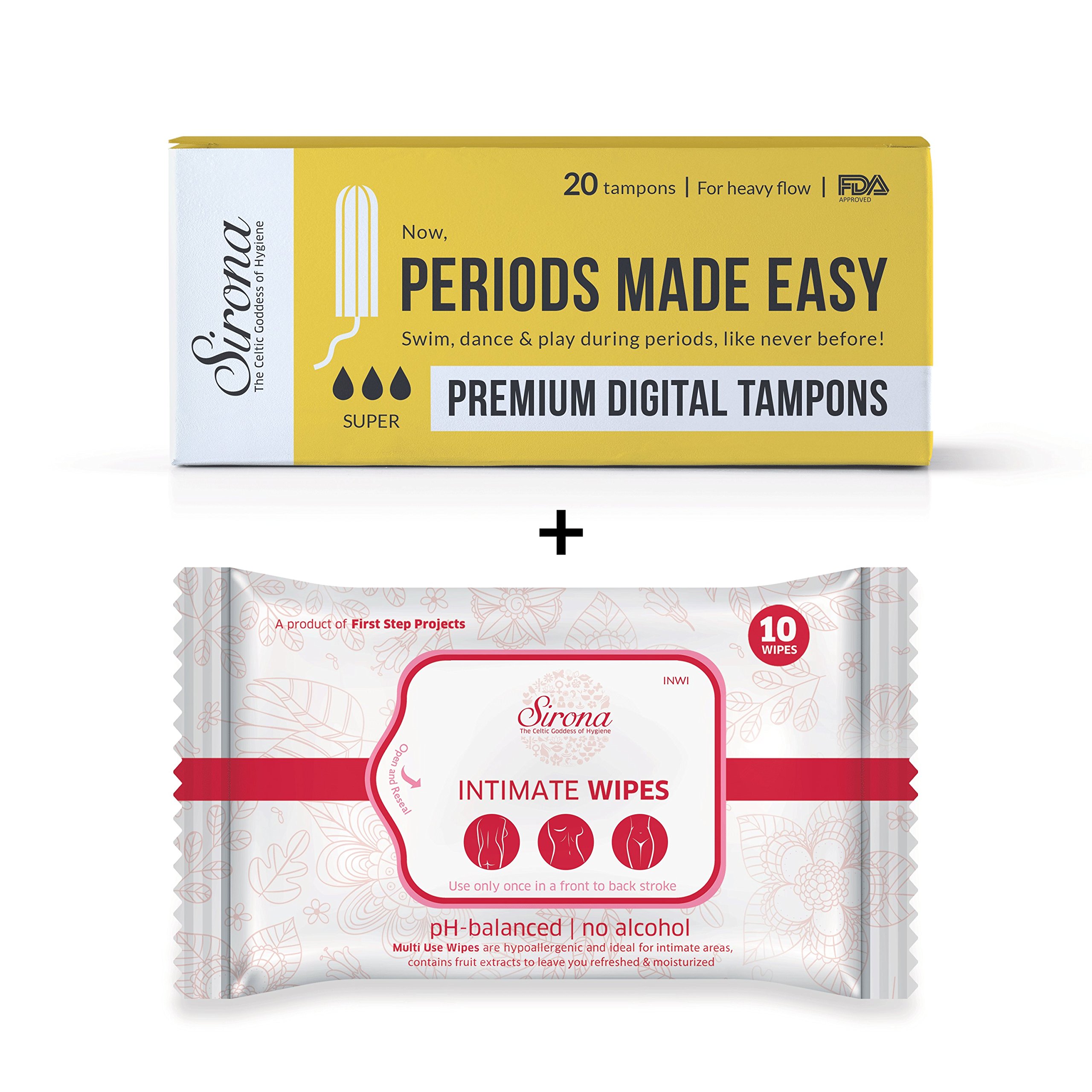 Sirona Combo of 2 Heavy Flow Digital Tampon & Intimate Wet Wipes