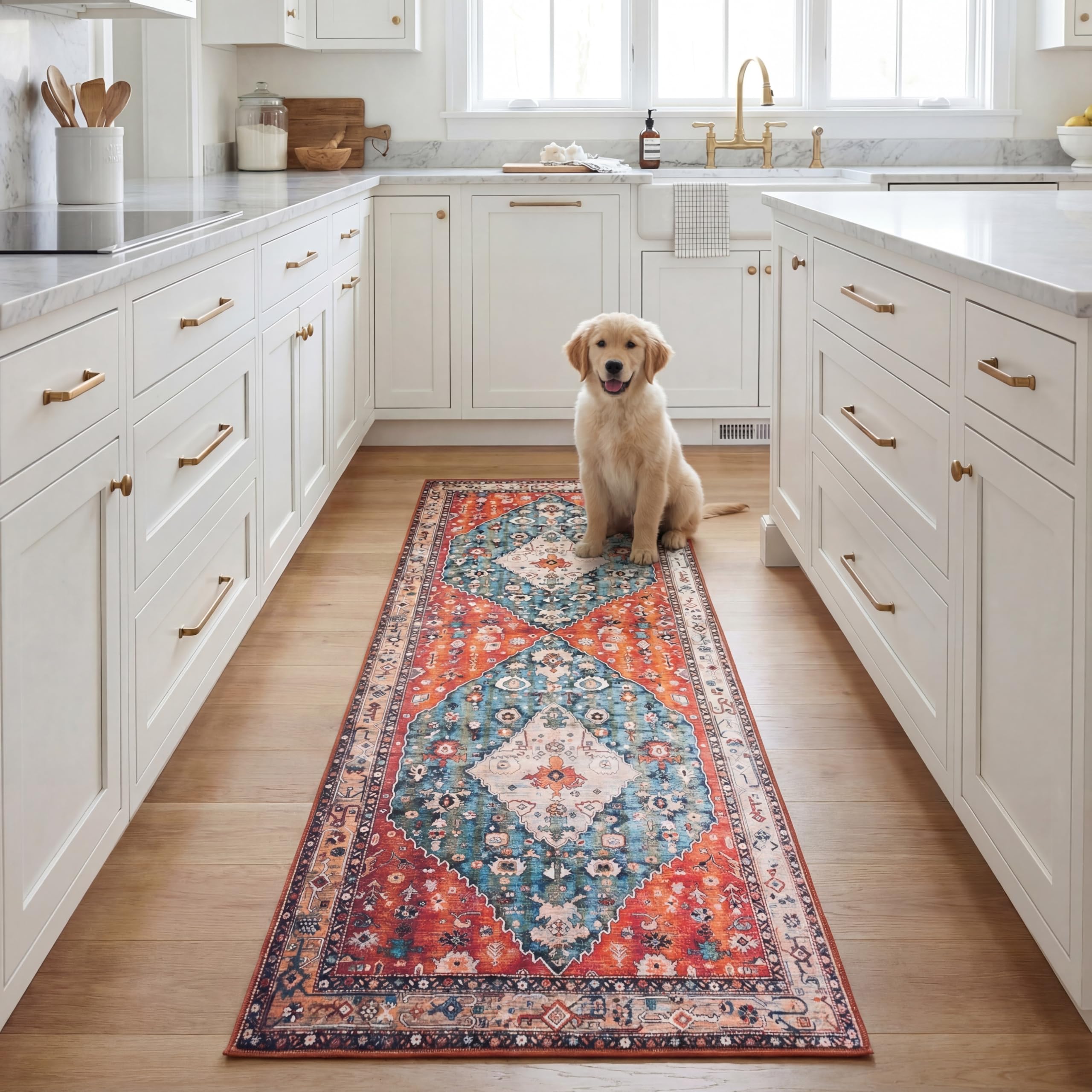 Tapis de couloir Tucson Safavieh beige et bleu 76x183 cm lavable