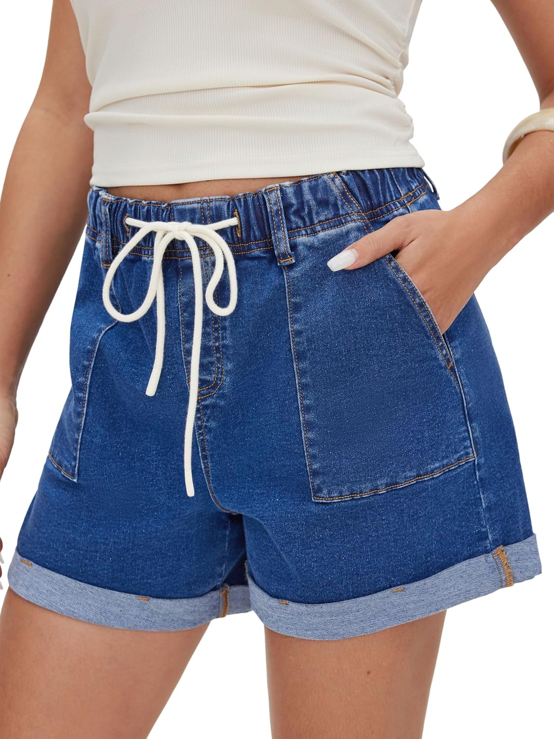 CIDER Women's Jean Shorts Drawstring Mid Waisted Denim Shorts with Pockets Casual Jorts Summer Outfits Trendy 2026 - Image 3
