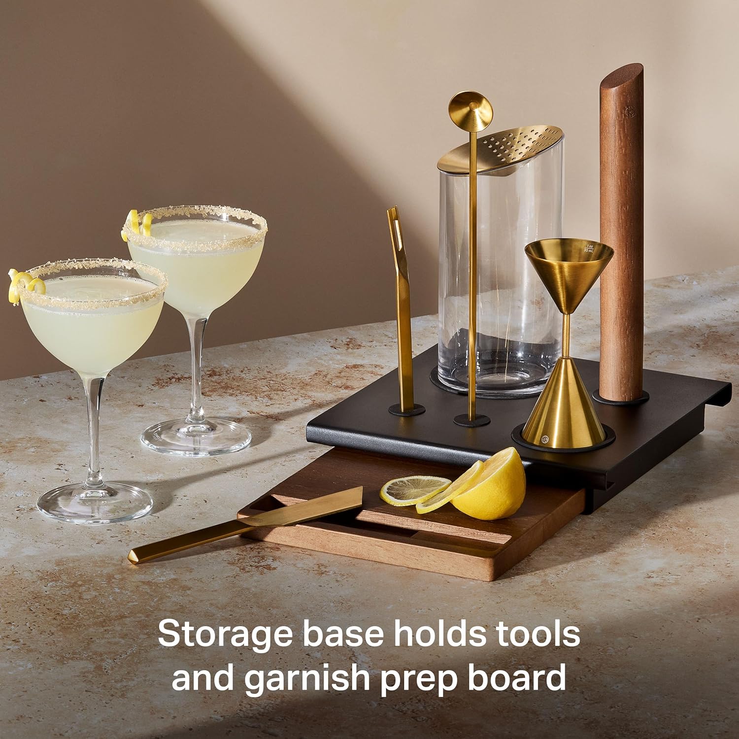 Rabbit 9-Piece Bar Tool Set with Prep Board, Mixing Glass, Strainer, Jigger, Channel Knife, Bar Spoon, Rubberwood Muddler, Citrus Knife and Storage Base