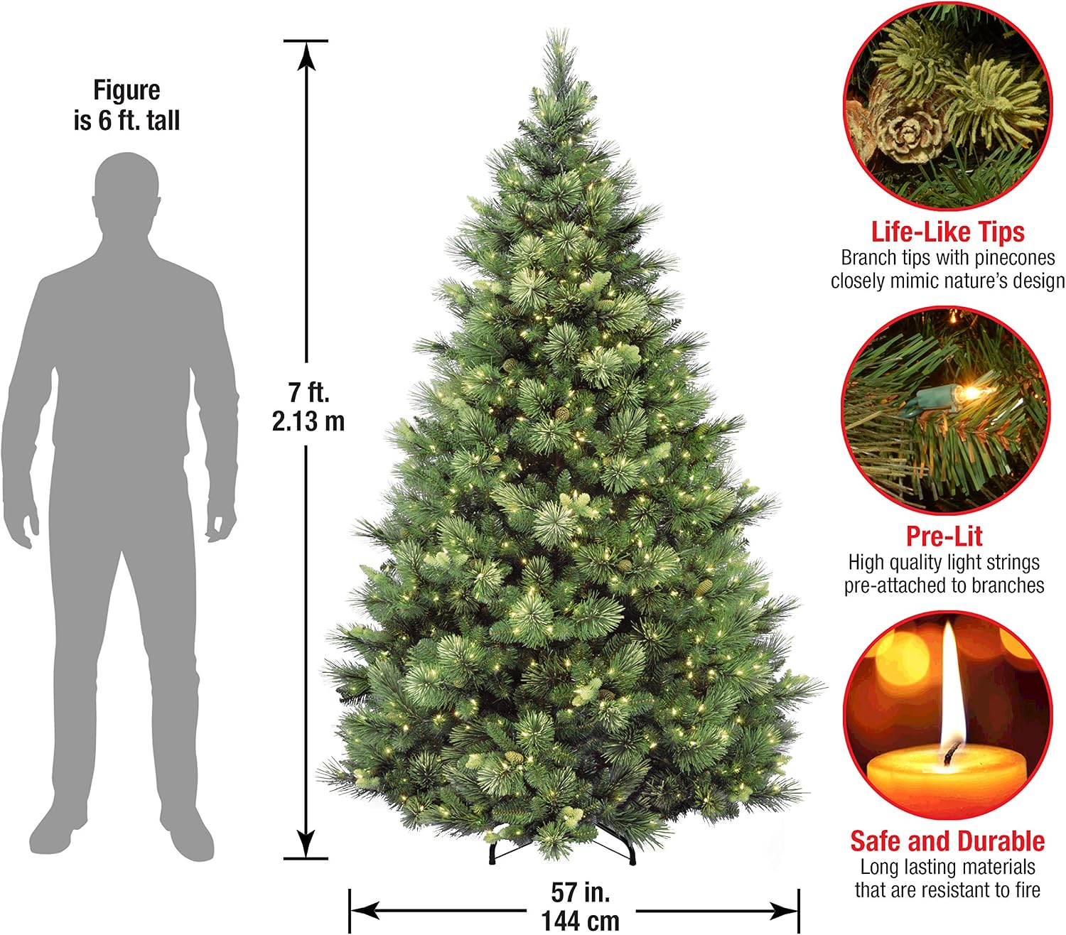 National Tree Company 'Feel Real' Pre-lit Artificial Christmas Tree | Includes Pre-strung White Lights | Flocked with Cones | Carolina Pine - 7 ft