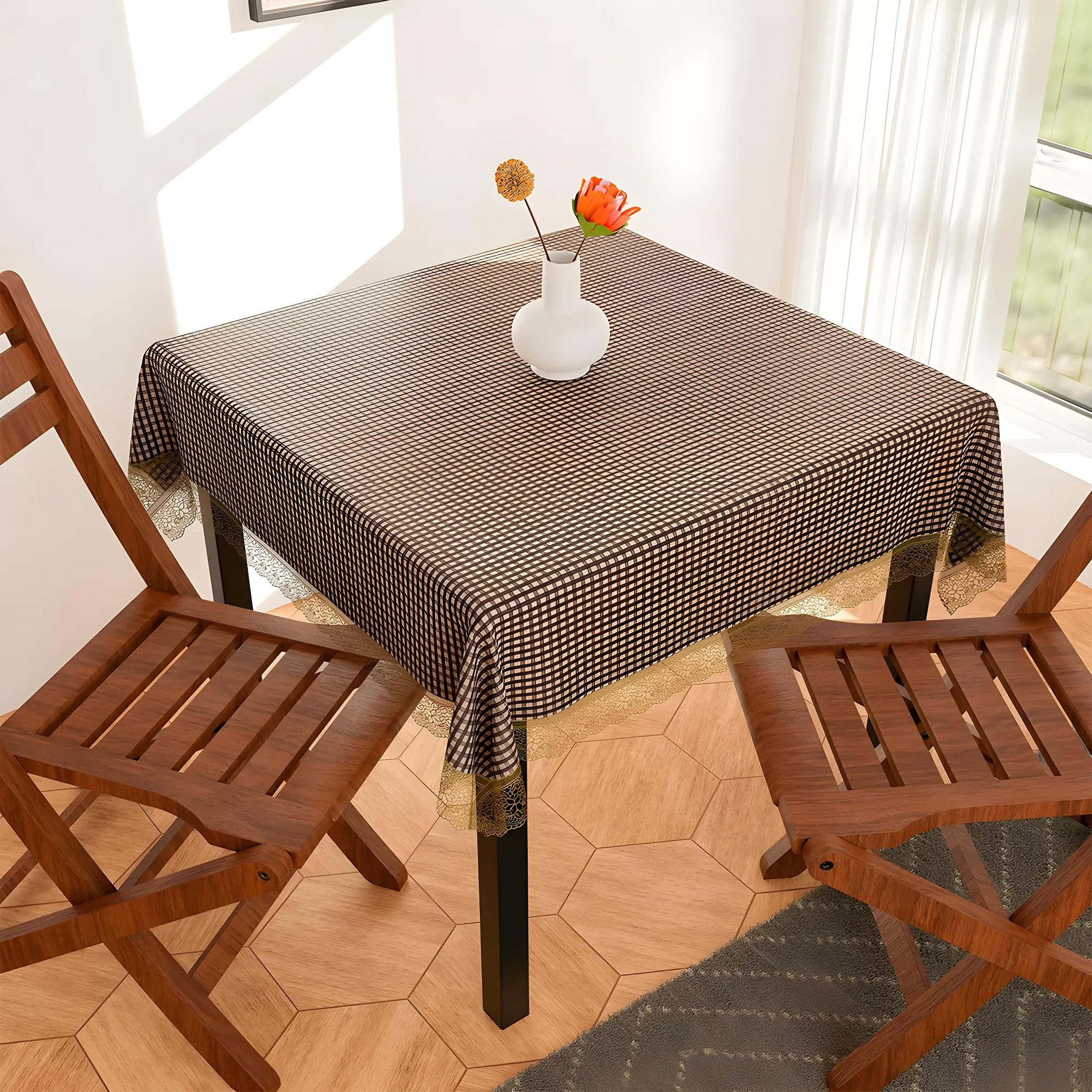 Kuber Industries Polyvinyl Chloride Square Table Cover for 4 Seater|PVC Waterproof Check Pattern Tablecloth Indoor & Outdoor|48X48 Inch (Brown)