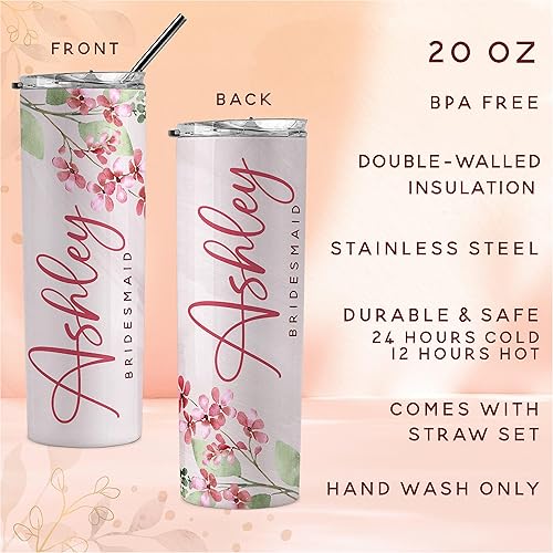 Miniatura 3 de Juego de 3 vasos personalizados para dama de honor con nombre y título, 6 diseños florales, vaso de 20 onzas con pajita, despedida de soltera,