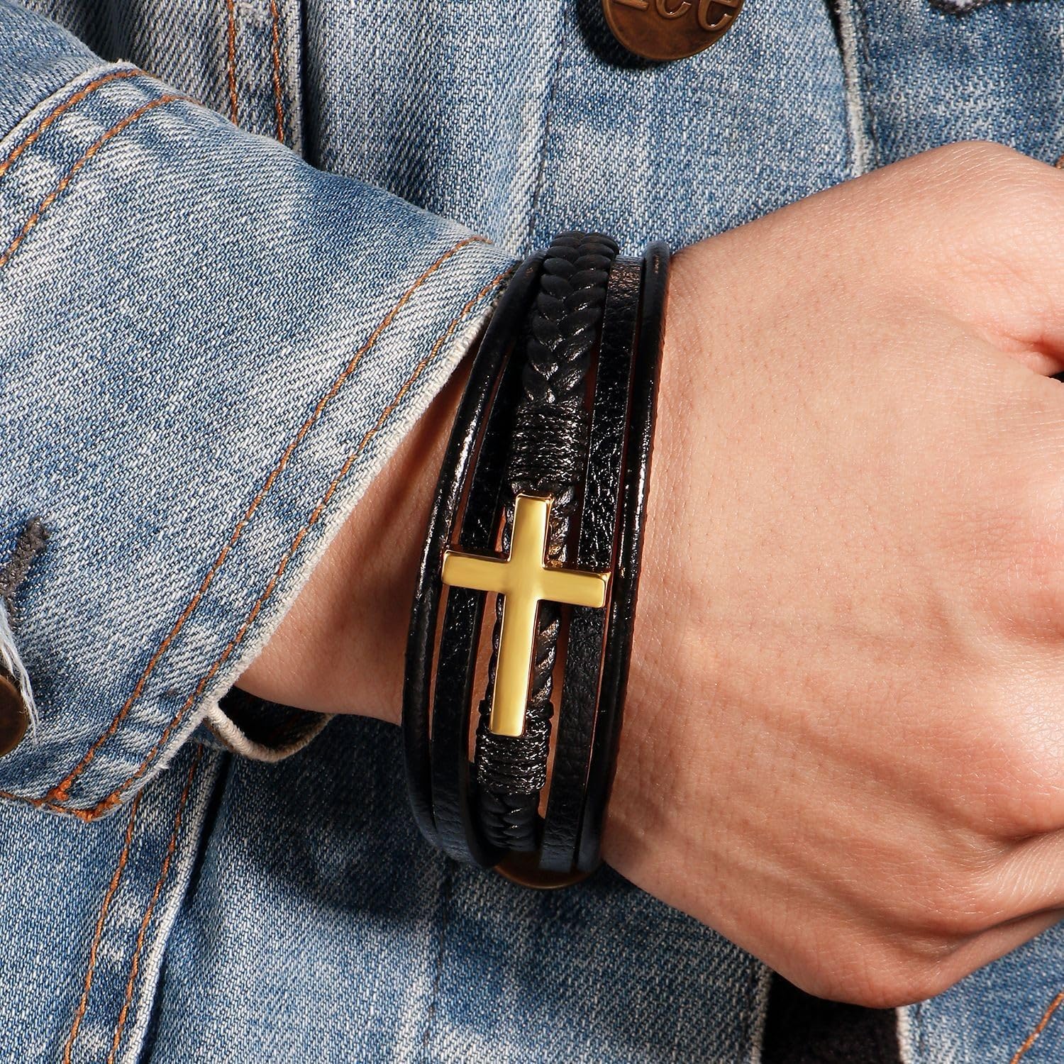 Q&D&S Multi-Layer Braided Leather Cross Bracelet, Black Genuine Leather Cuff Bracelet, Religious Style Men's Wristband - Image 5