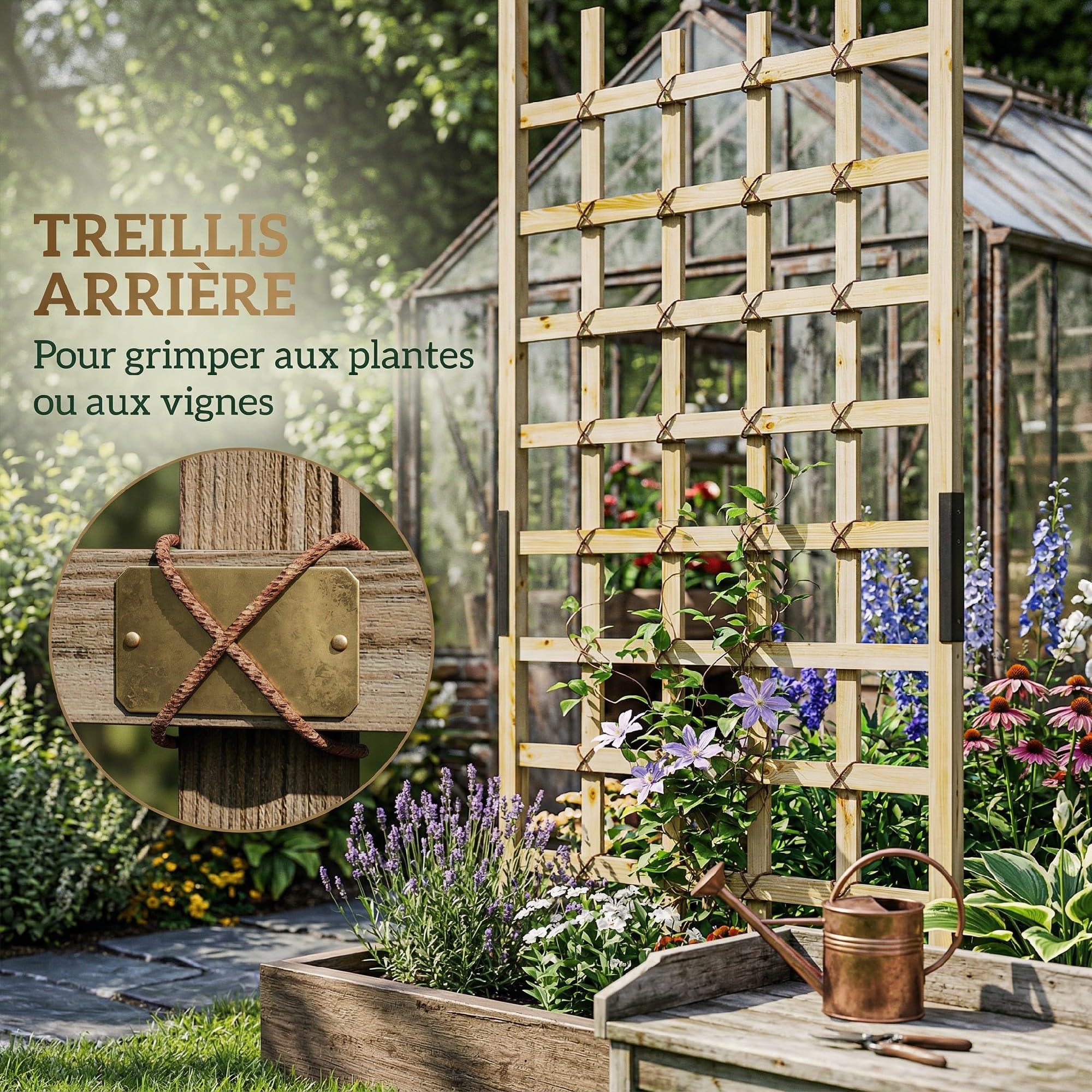 Outsunny Jardinière avec Treillis Bac à Fleurs 82,5x35x186cm Bois Naturel | Avec Roues, Lit Surélevé, pour Plantes Grimpantes Légumes Fleurs, Bois Massif, Intérieur Extérieur, Cour Jardin Balcon