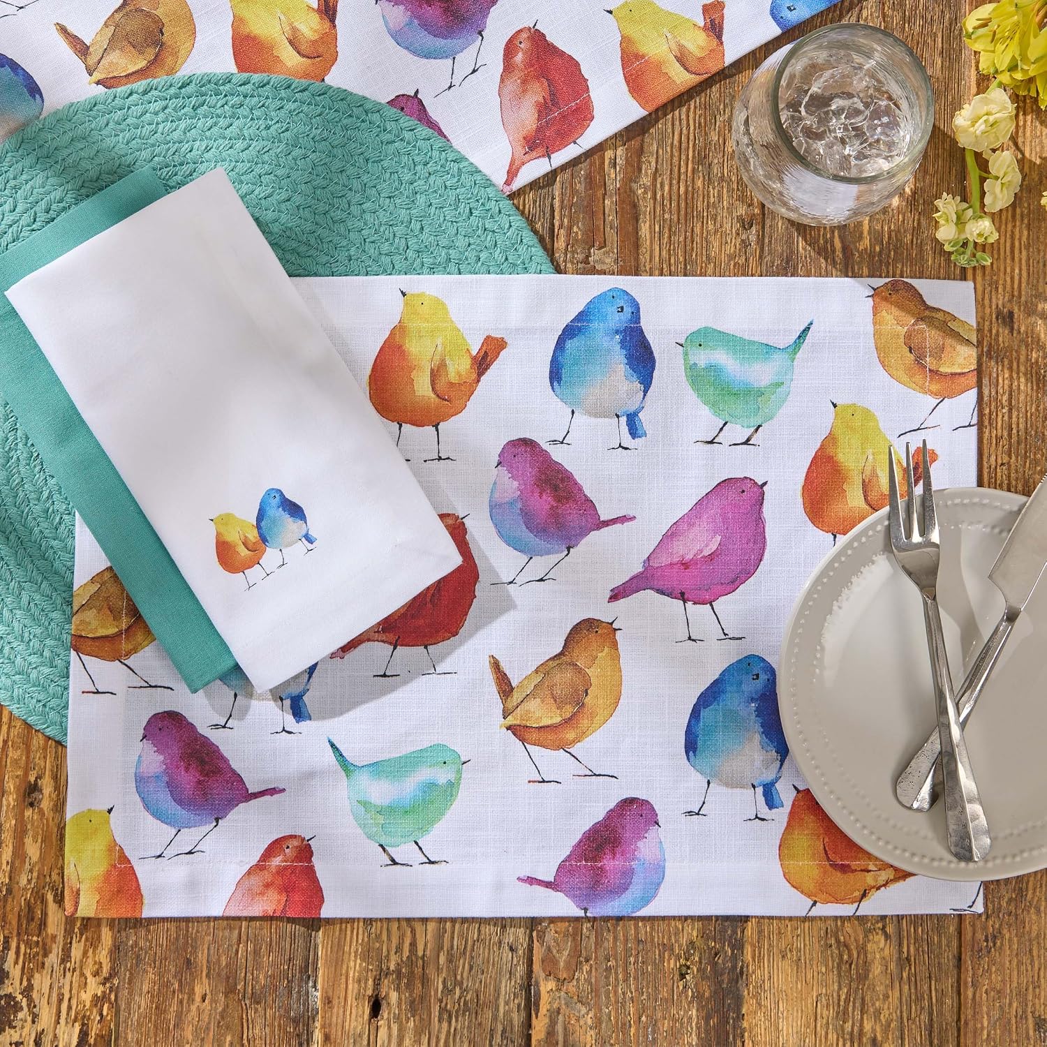 Split P Watercolor Birds Placemat Set of 4, 13" x 19" Vibrant Multicolor Decorative Dinner Mats for Everyday Summer Dining Room & Colorful Spring Kitchen Table Decor, Reusable Cotton Tabletop Linens