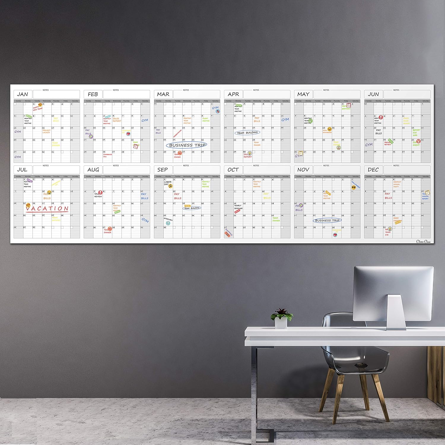 Large Reusable Dry Erase Wall Calendar - 36"x96" 2023 Undated Yearly Planner for Home, Office, School Projects - Jumbo Laminated Task Organizer