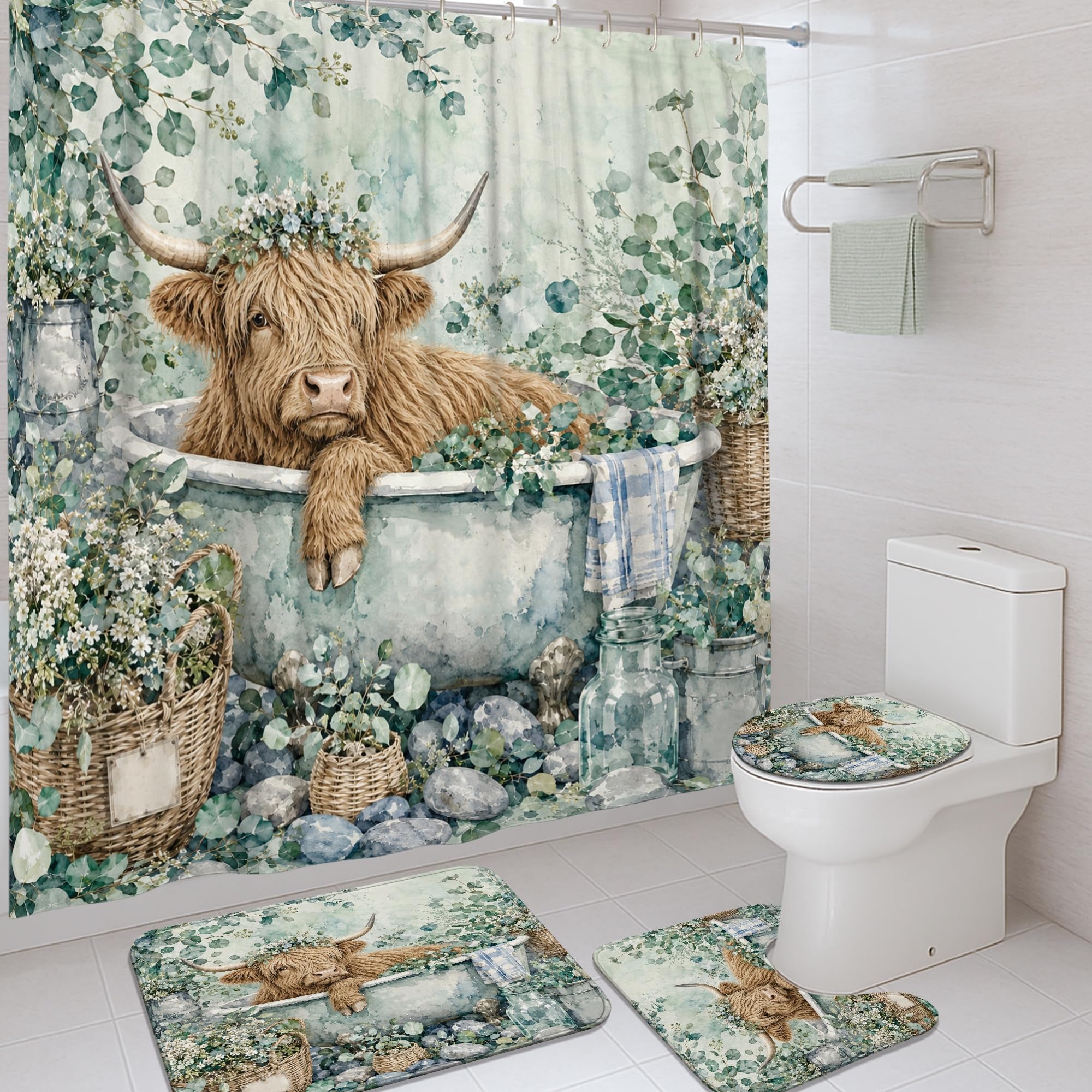 Ensemble rideau de douche imperméable vert printemps tapis de bain fleurs d'eucalyptus