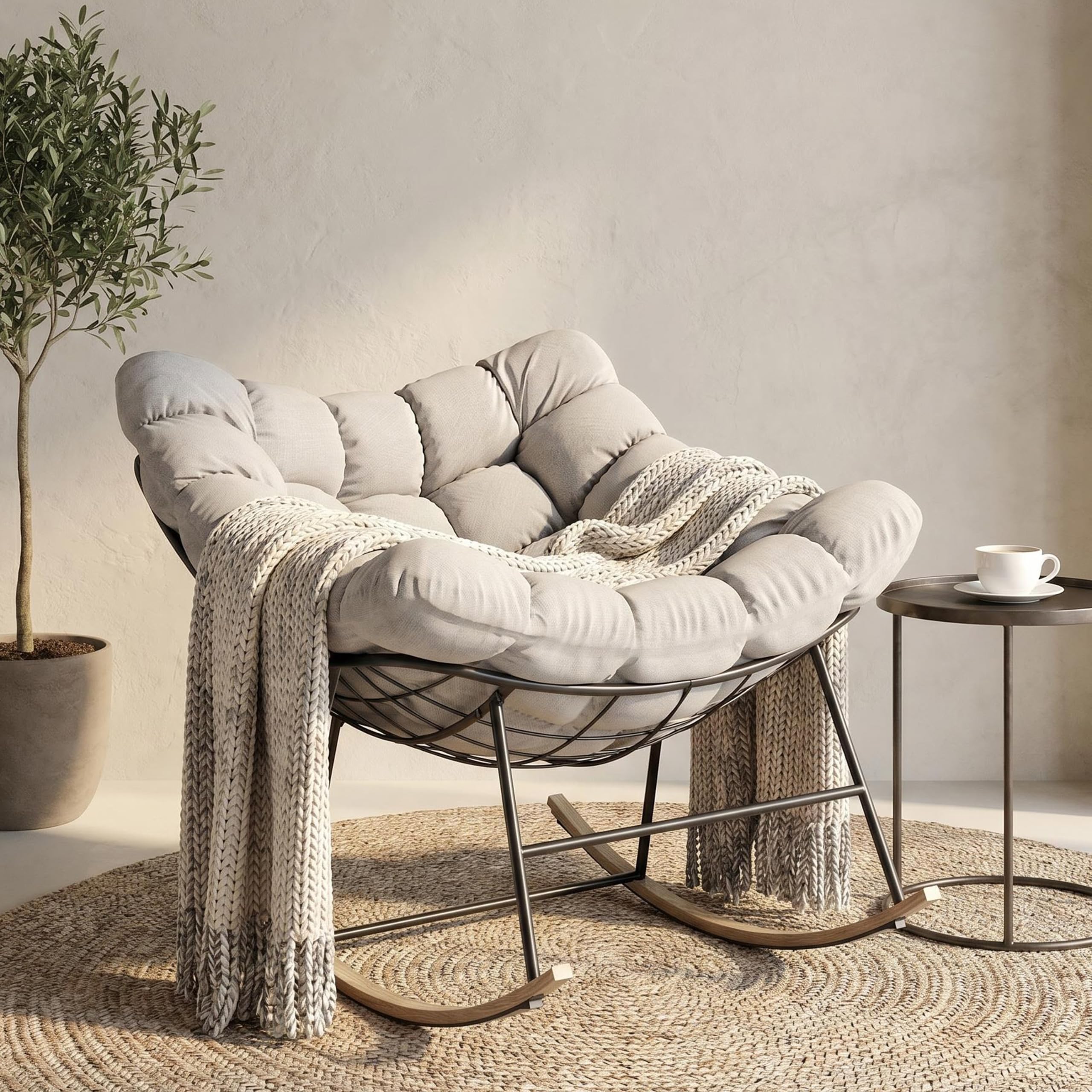Fiutazge XXL Schaukelstuhl Outdoor,Relaxsessel Garten mit Dicker Polsterung,Seitentasche,Geräuschloser Schaukelsessel für Garten, Balkon und Wohnzimmer, Tragfähigkeit 180 kg,Beige