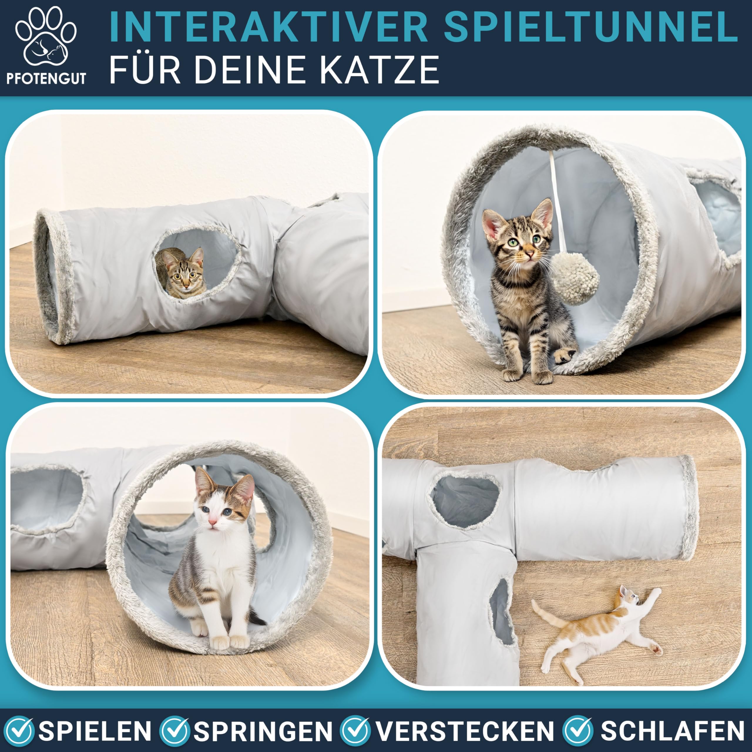 Katzentunnel XXL [für kleine und große Katzen] - robuster Spieltunnel zur Beschäftigung deiner Katze - 115cm Langer Tunnel mit verschiedenen Öffnungen inkl. Spielball