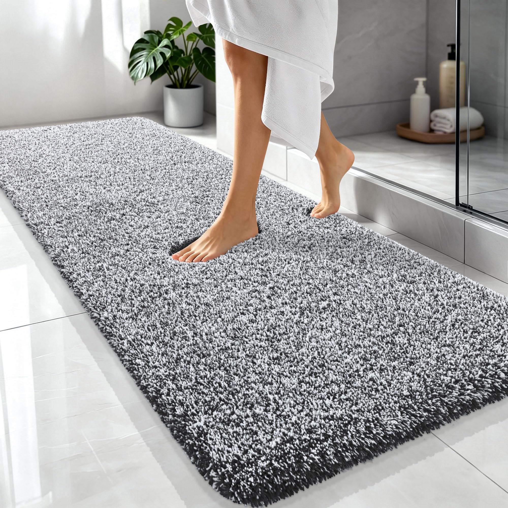 OLANLY Microfiber Bathroom Rugs 70x24, Quick Dry Bath Mat, Black and White