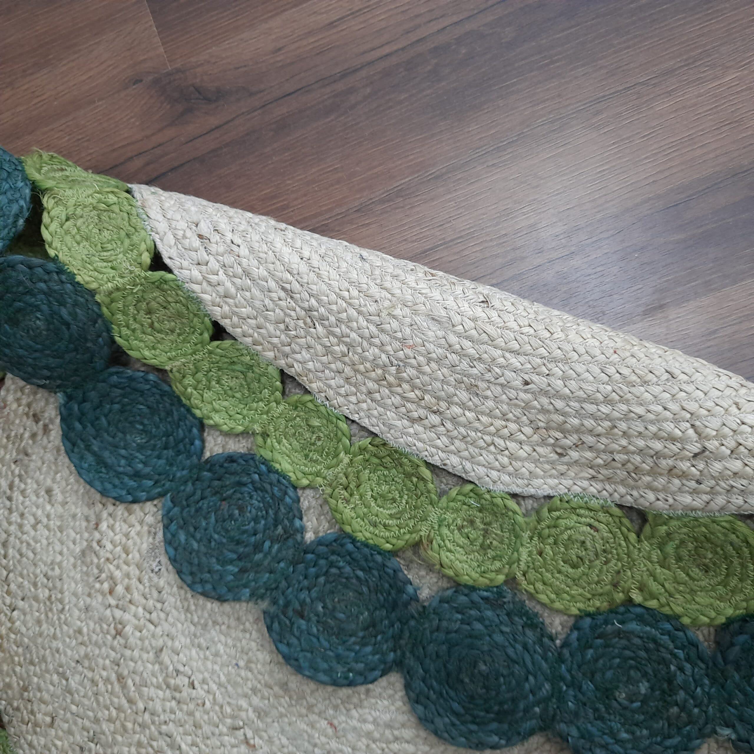 Tapis rond décoratif en jute naturel tressé à la main - Blanc et vert